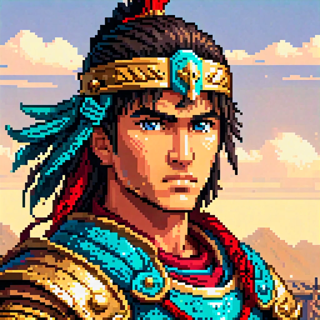 Pixel Art, Pixel art portrait of an ancient warrior, full armor, detailed pixel shading, emotive eyes, #realistic metallic textures, DSLR quality with a vintage pixelated feel, Nikon D, Wide angle lens HD 2D Pixel Art :: Pixel style :: Pixels