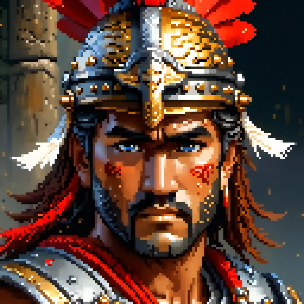 Pixel Art, Pixel art portrait of an ancient warrior, full armor, detailed pixel shading, emotive eyes, #realistic metallic textures, DSLR quality with a vintage pixelated feel, Nikon D, Wide angle lens HD 2D Pixel Art :: Pixel style :: Pixels