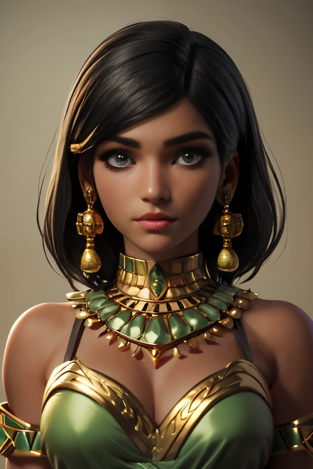 hyper realistic portrait shot of a beautiful egyptian queen, looking down proudly on the camera with her expressive green eyes, tanned skin tone , thin nose , black bob hair with braided bangs, golden accessories and jewelries 