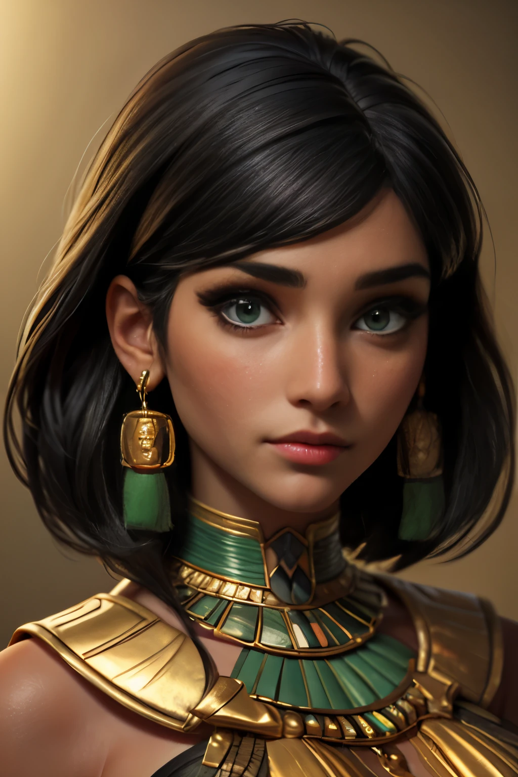 hyper realistic portrait shot of a beautiful egyptian queen, looking down proudly on the camera with her expressive green eyes, tanned skin tone , thin nose , black bob hair with braided bangs, golden accessories and jewelries 