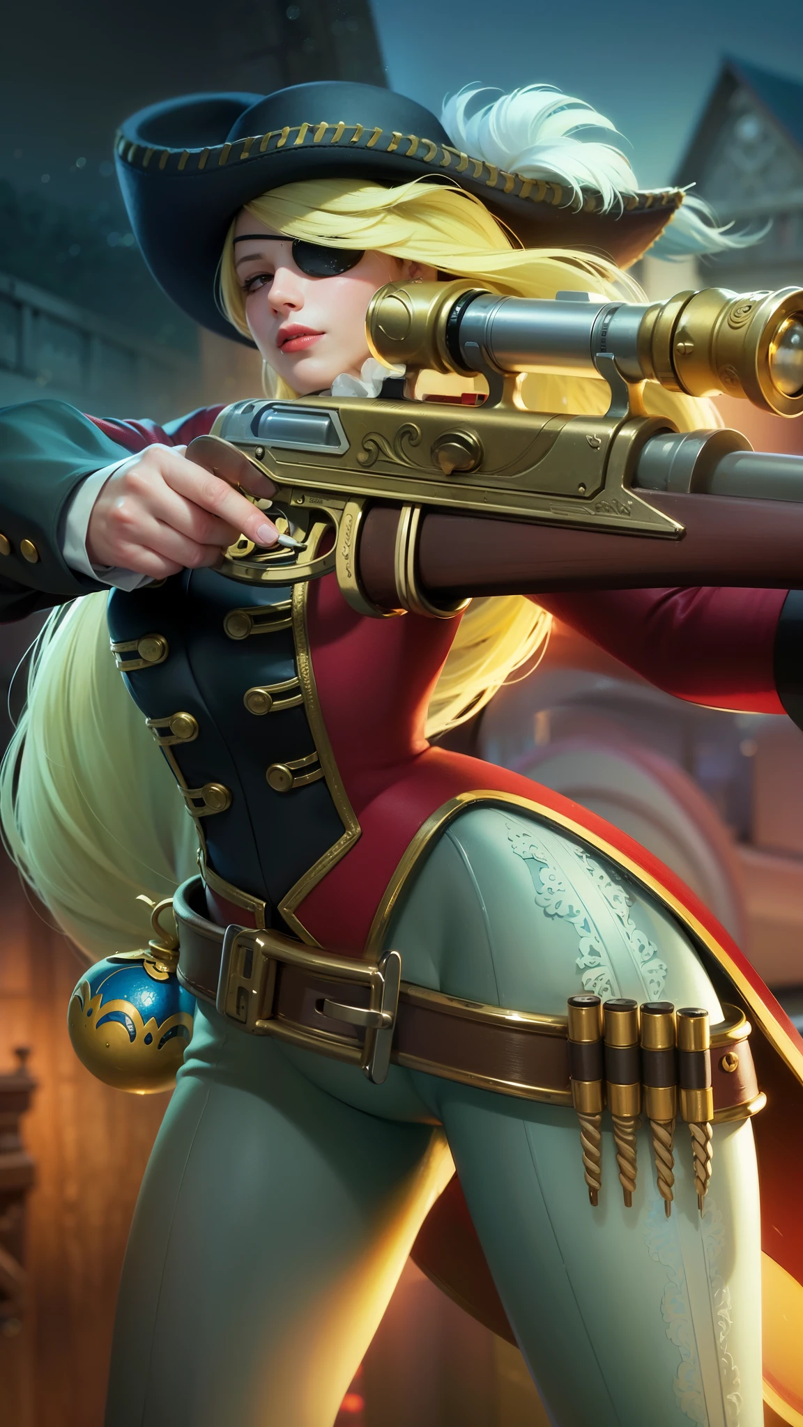 a close up of a woman with a gun in her hand, blonde long hair, red lips glossy, 8k, ultra hd, ultra detailed texture, hyper realistic, masterpiece, detailed texture, detailed face, detailed skin, detailed lighting, (photorealistic:1.5), best quality, beautiful lighting, cinematic lighting, professional lighting, ultra highres, realistic, detailed hair, real hair, high quality, (realskin:1.5), extremely detailed, finely detail, ultra-detailed, braids, eye patch, left eyepatch,