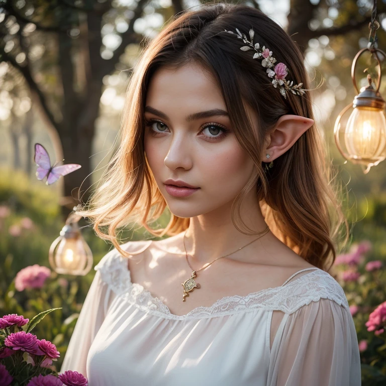 A female elf in a magical forest, enchanting eyes, delicate facial features, long and pointed ears, flowing and ethereal dress, graceful posture, surrounded by vibrant flowers and sparkling butterflies, surreal lighting and colors, dreamlike and whimsical atmosphere, photorealistic rendering, high-resolution masterpiece:1.2, mystical and enchanting portrait, fantasy style, soft and pastel color palette, gentle and warm lighting.
