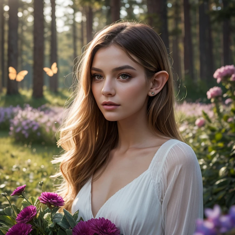 A female elf in a magical forest, enchanting eyes, delicate facial features, long and pointed ears, flowing and ethereal dress, graceful posture, surrounded by vibrant flowers and sparkling butterflies, surreal lighting and colors, dreamlike and whimsical atmosphere, photorealistic rendering, high-resolution masterpiece:1.2, mystical and enchanting portrait, fantasy style, soft and pastel color palette, gentle and warm lighting.