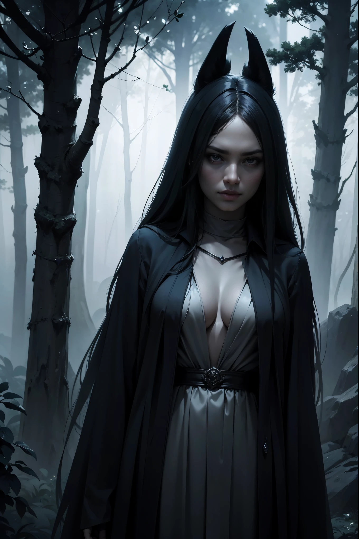 (best quality, highres, 4k, realistic:1.37), dark and mysterious forest with a gloomy atmosphere, detailed trees and foliage, dimly lit by moonlight, eerie shadows, dense fog, ancient and twisted tree trunks, mystical figures lurking in the shadows, hauntingly beautiful moonlight filtering through the branches, ethereal glow, mystical creatures, otherworldly atmosphere