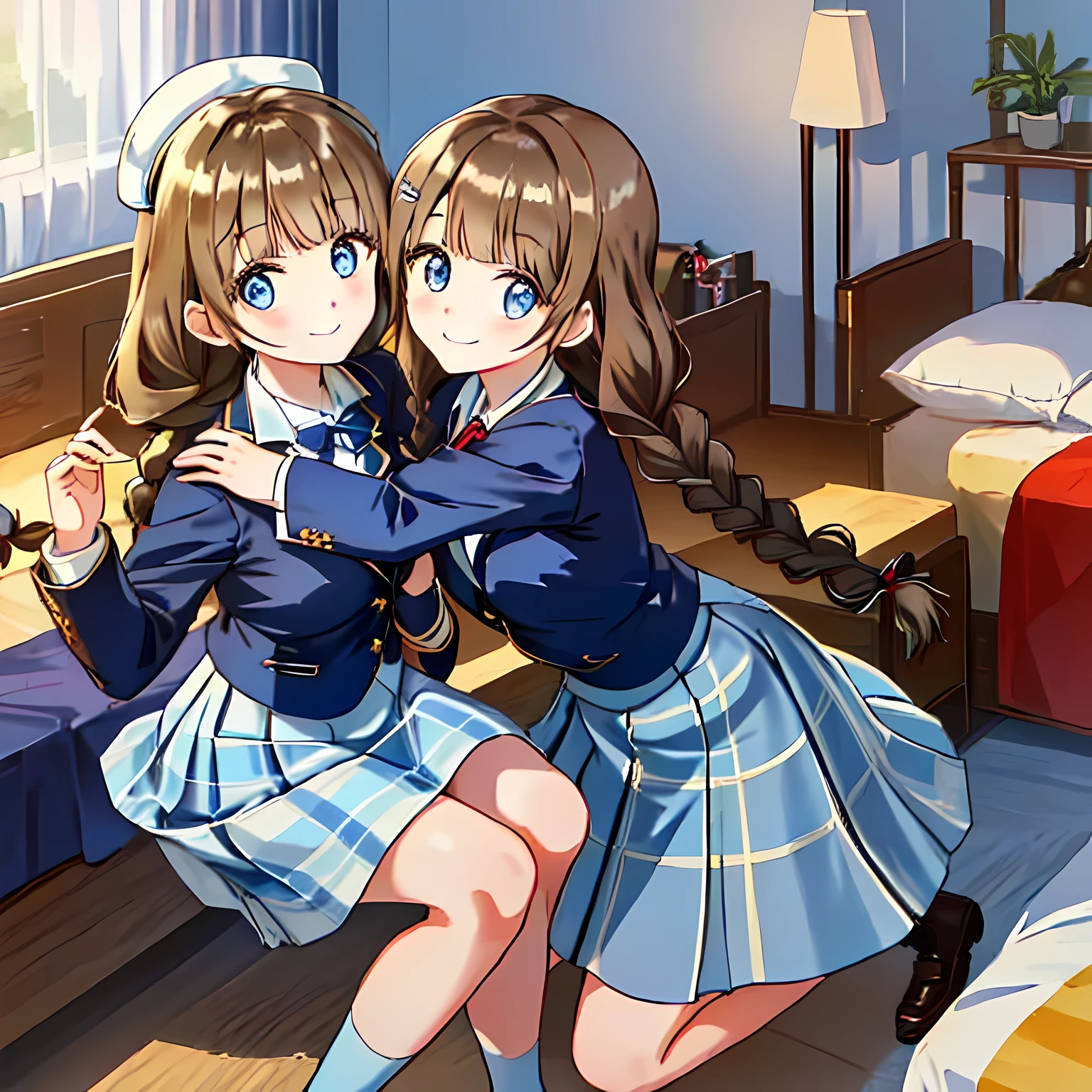 highest quality, (masterpiece:1.2), very detailed, A girl sitting on the bed looks at the viewer and smiles, Glossy lips that make you want to kiss, nice smile, ((Cute big blue eyes)), (((dark brown hair))), 15 years old, long braids, big shiny hair clip, school uniform, ((Light dark blue blazer with golden emblem on the left chest)), ((School ribbon with a very large emphasized navy blue stripe on the chest)), very shiny hair、laughter、bright look、Both face and hair catch the light and shine, The corners of the eyes are drooping, Cute braids, The expression of a maiden in love, (((The girl has a twin braid hairstyle))), ((((dark blue & Deep navy tartan check middle long skirt)))), A gentle and cute expression staring at the viewer, double eyelid, ((long eyelashes)), The background is a cute girl&#39;my room, round face, the skirt is very cute, brown leather shoes, ((shot from the side))