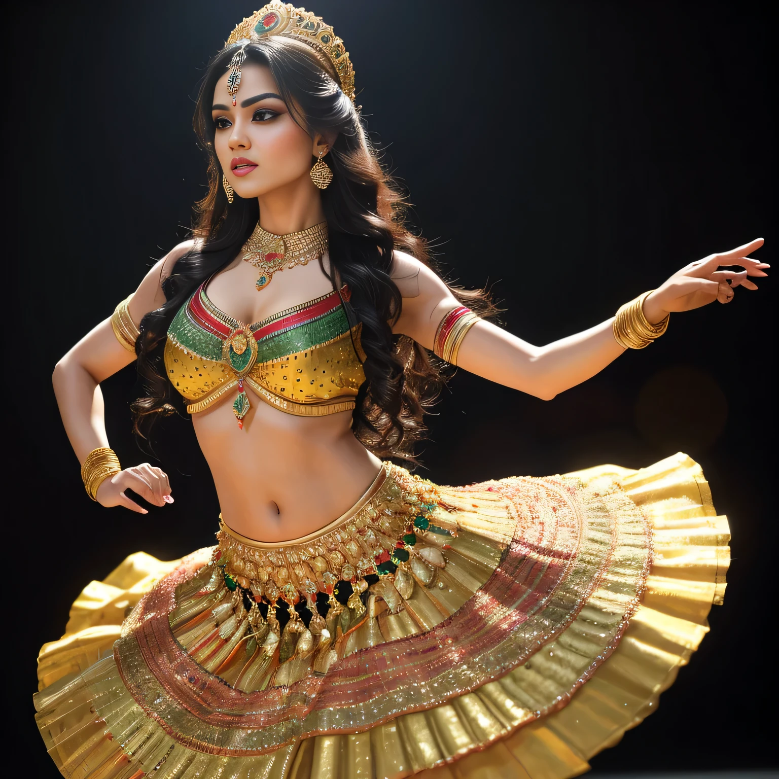 (highres,realistic),23-year-old,masterclass dancer,Indian,(beautiful:dancer,georgeous:dancer),(long black hair,expressive,detailed eyes),(graceful,dynamic poses),(traditional costume:1.1),(detailed jewelry),(vibrant colors),(studio lighting),(dance performance),(colorful background),(professional),(sharp focus),(high level of detail),(3D rendering),(artistic),(physically-based rendering),(emotionally engaging)