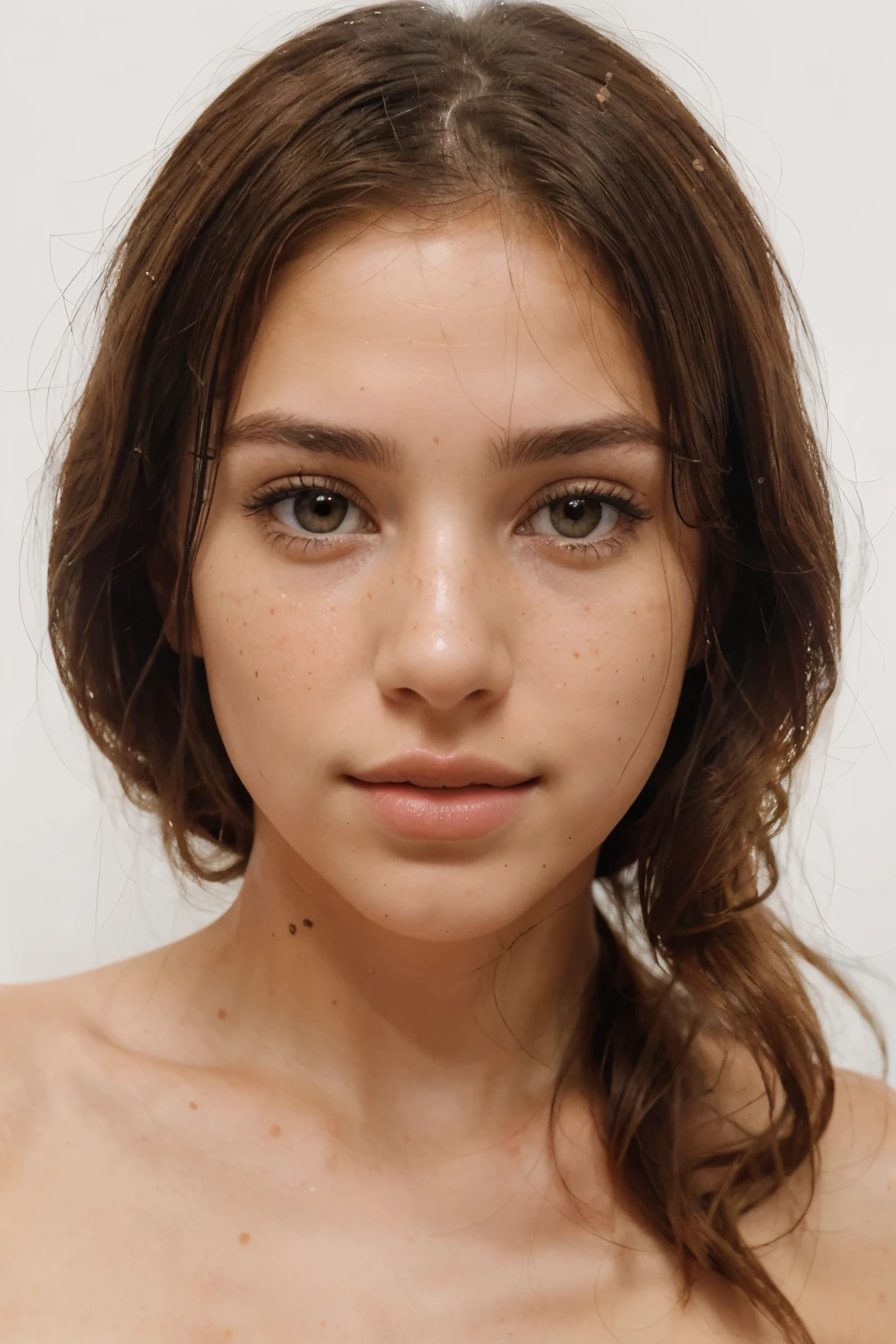 (beautiful woman in her 20s) very beautiful, perfect face, (brown hair) (brown eyes) (white skin) Beautiful body, western face, full body, Western Beauty, thin nose, shy girl. beautiful, perfect, ((best quality)), ((ultra resolution)), ((photorealistic: 1.4)), (intricate details), perfect face with freckles, (freckles on face), facial details, ((( full naked)) ((Location: white wall, white background)) (close-up on face, framing on face)