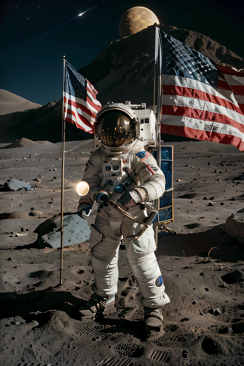 Awaken curiosity and fascination with this captivating image of an astronaut raising the American flag over the majestic lunar landscape. Convey the grandeur of space conquest by highlighting vivid details of the spacesuit, fluttering flag, and lunar surface. A thumbnail that inspires awe and pride in the human exploration of space.
