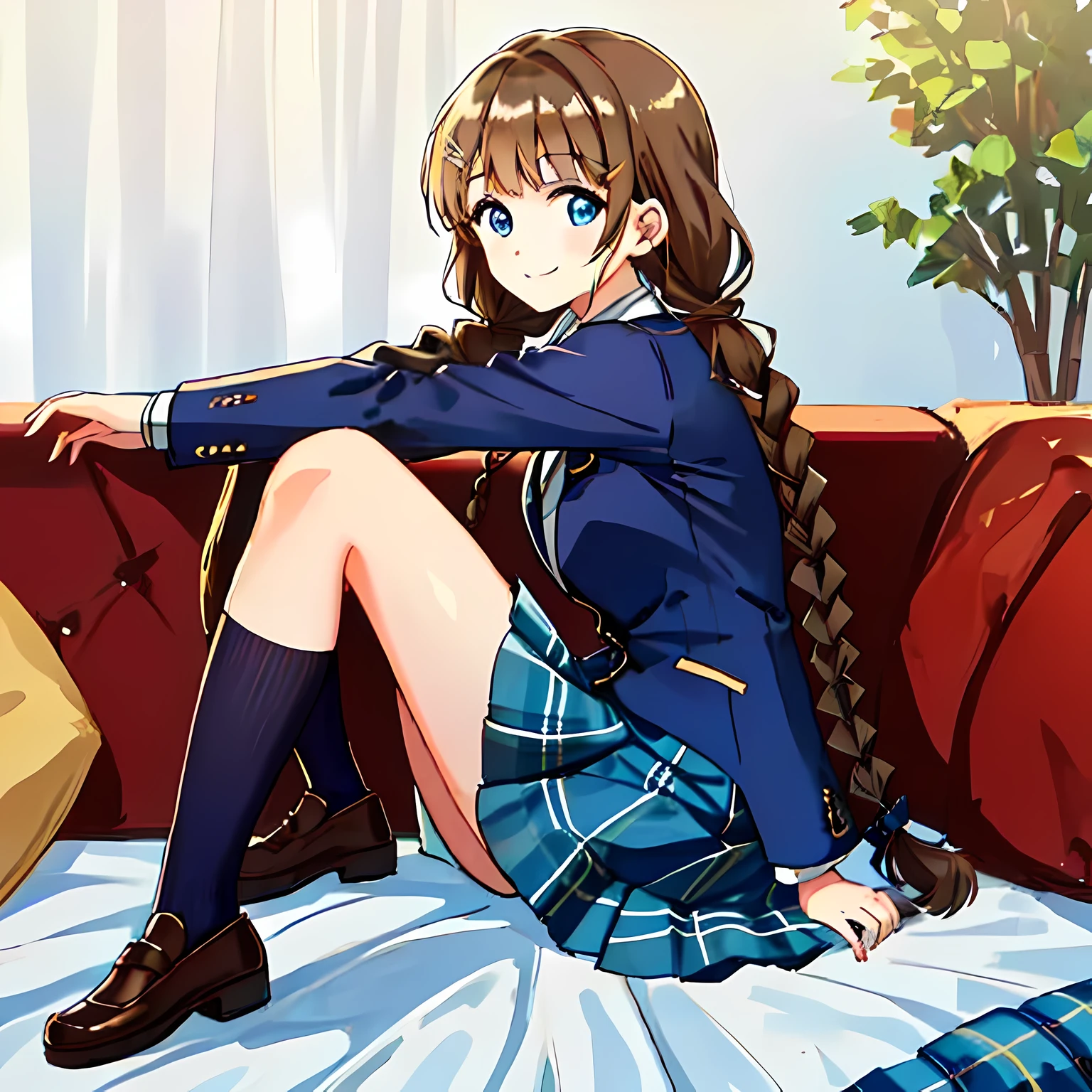 highest quality, (masterpiece:1.2), very detailed, A girl sitting on the bed looks at the viewer and smiles, Glossy lips that make you want to kiss, nice smile, ((Cute big blue eyes)), (((dark brown hair))), 15 years old, long braids, big shiny hair clip, school uniform, ((Light dark blue blazer with golden emblem on the left chest)), ((School ribbon with a very large emphasized navy blue stripe on the chest)), very shiny hair、laughter、bright look、Both face and hair catch the light and shine, The corners of the eyes are drooping, Cute braids, The expression of a maiden in love, (((The girl has a twin braid hairstyle))), ((((dark blue & Deep navy tartan check middle long skirt)))), A gentle and cute expression staring at the viewer, double eyelid, The background is a cute girl&#39;my room, round face, the skirt is very cute, The ribbon is so cute, brown leather shoes, ((shot from the side))