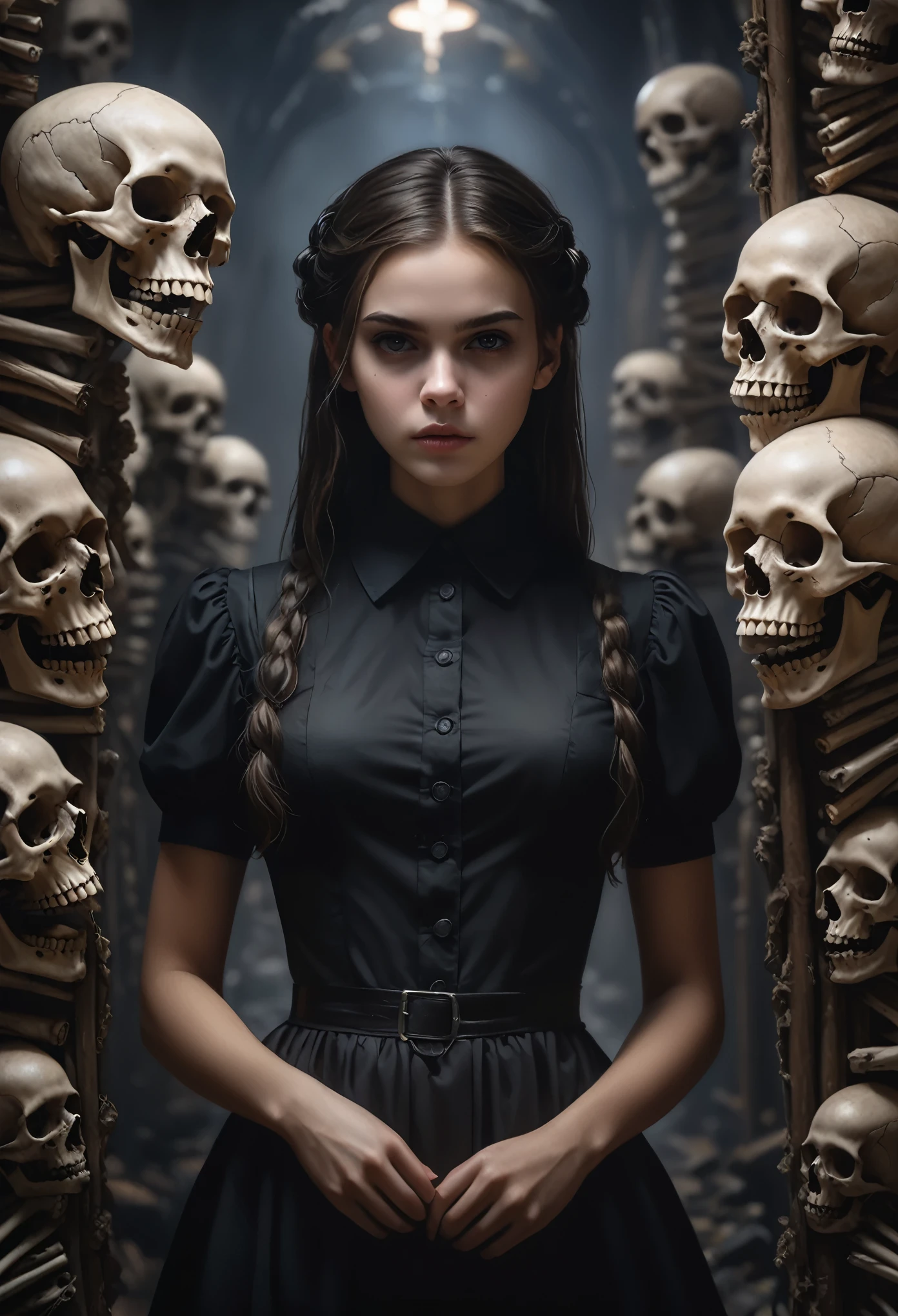 (best quality,4k,8k,highres,masterpiece:1.2),ultra-detailed,(realistic,photorealistic,photo-realistic:1.37),horror,concept artists,portrait,detailed spooky background,stacks of bone wands,sinister atmosphere,girl with detailed facial features,strong perspective,turning towards the camera,frame composition