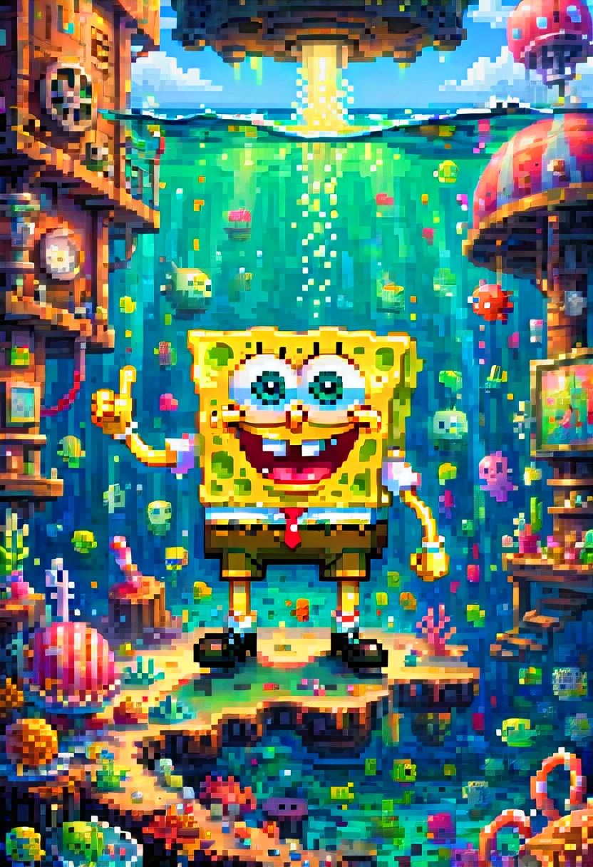 pixel art, "SpongeBob SquarePants", fantasy, (best quality, masterpiece, Representative work, official art, Professional, high details, Ultra intricate detailed:1.3)