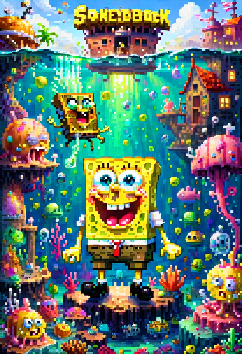 pixel art, "SpongeBob SquarePants", fantasy, (best quality, masterpiece, Representative work, official art, Professional, high details, Ultra intricate detailed:1.3)