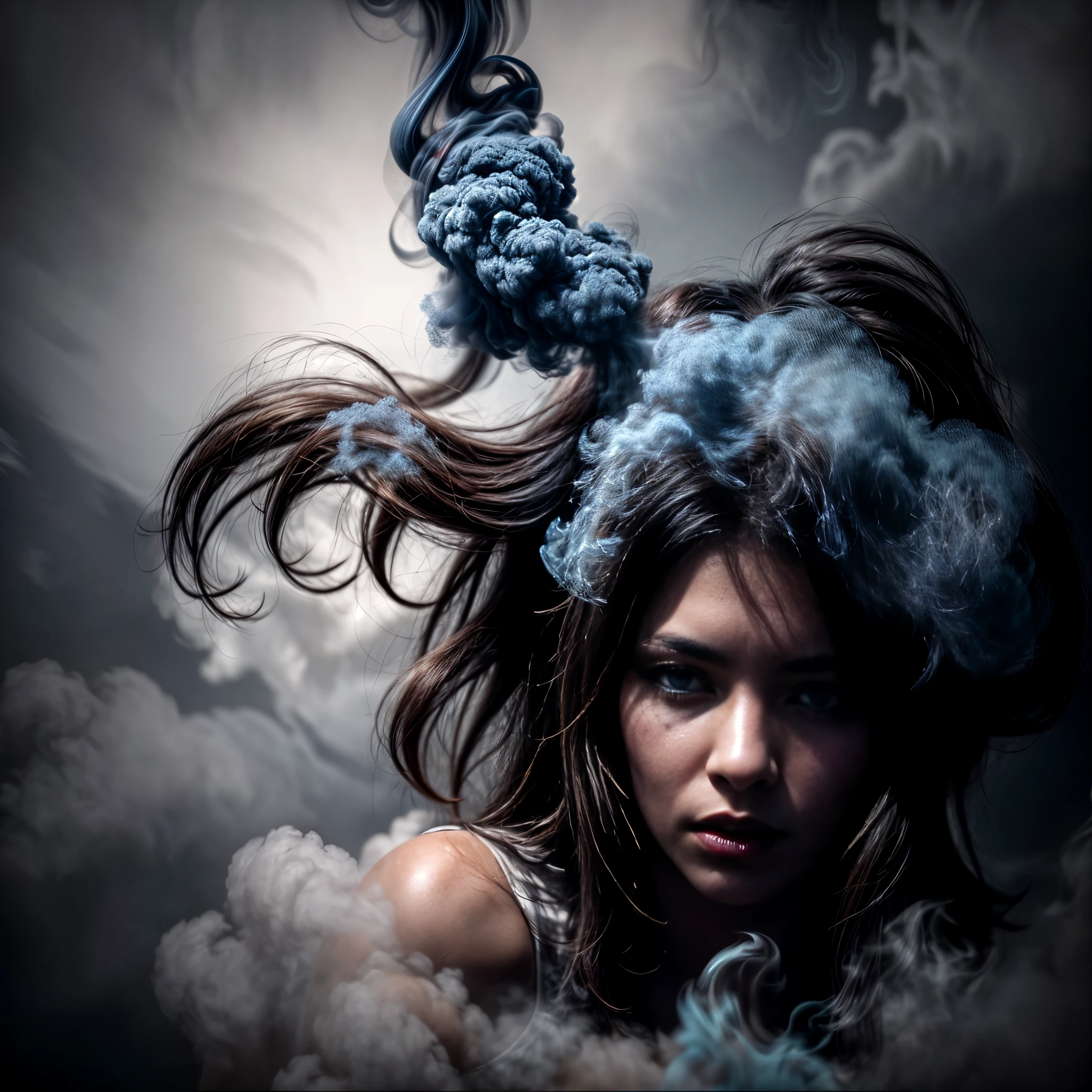 Portrait photo of woman made of smoke. ((blue smoke, fog, dust)), hyper-detailed image