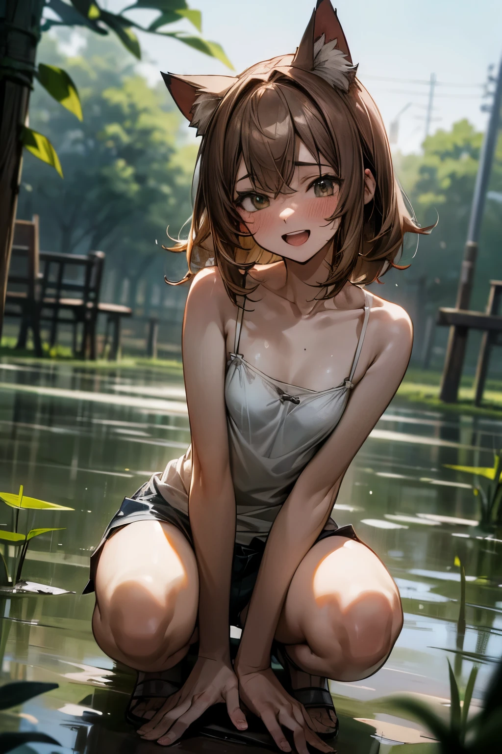 realistically, 1 girl, twintail, brown eyes, glowing eyes, white short skirt, Blush, daytime, garden, Wet from the rain, see through, Knee hug, Strapless shirt, nipples, Sit with your knees raised., armpit, pussy, 14 years old, crotch