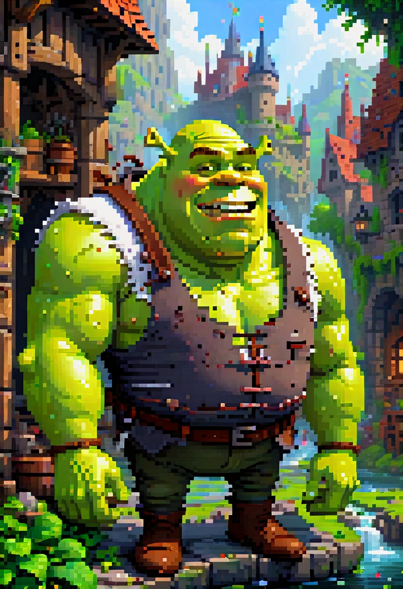 pixel art, "Shrek", fantasy, (best quality, masterpiece, Representative work, official art, Professional, high details, Ultra intricate detailed:1.3)