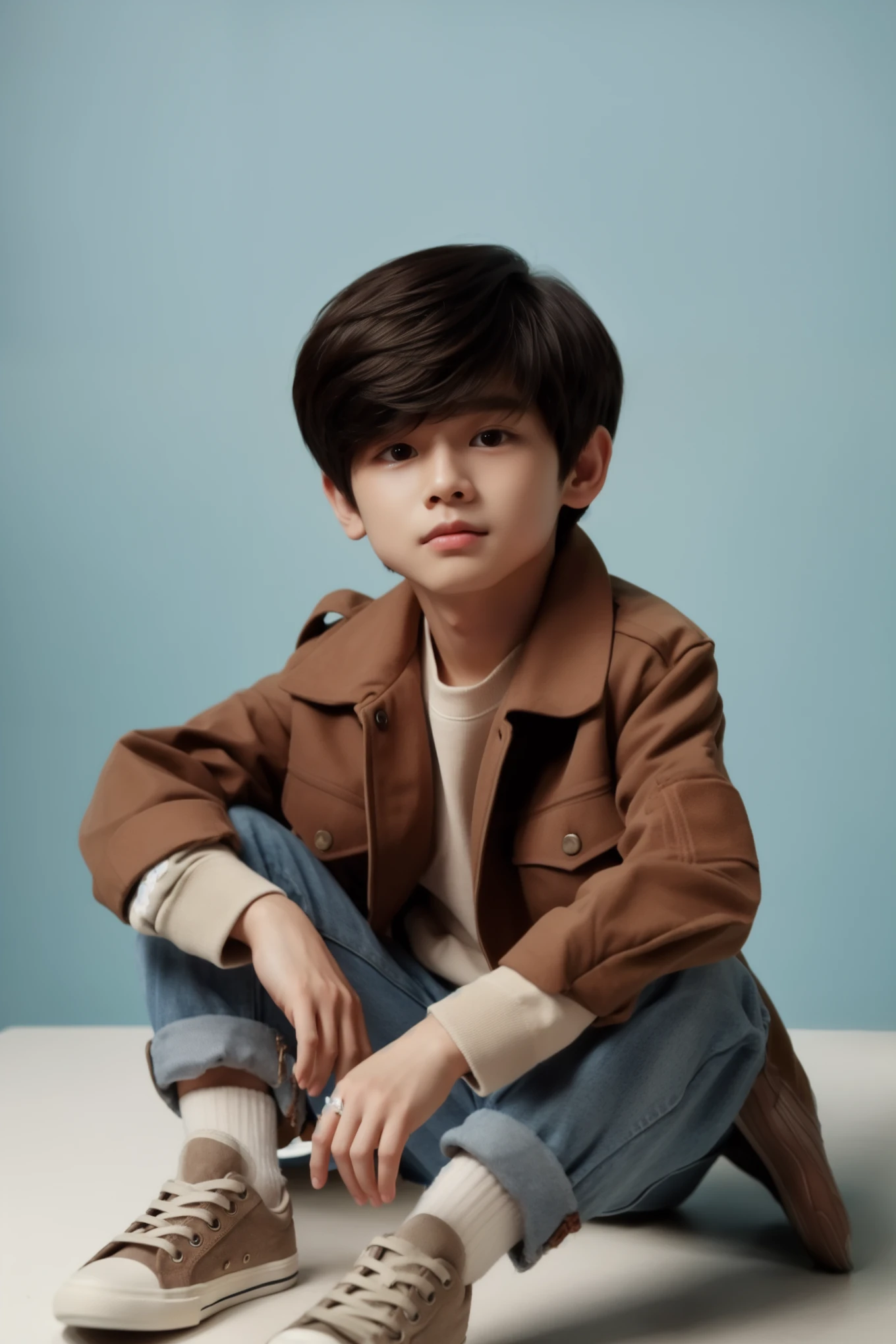 a close up of a young boy sitting on a table with a pair of sneakers, jinyoung shin, jaeyeon nam, yanjun chengt, hyung tae, gorgeous young model, taejune kim, boy has short black hair, kim doyoung, wonbin lee, young wan angel, yan, young boy, profile pic, ruan jia beautiful!, jung jaehyun