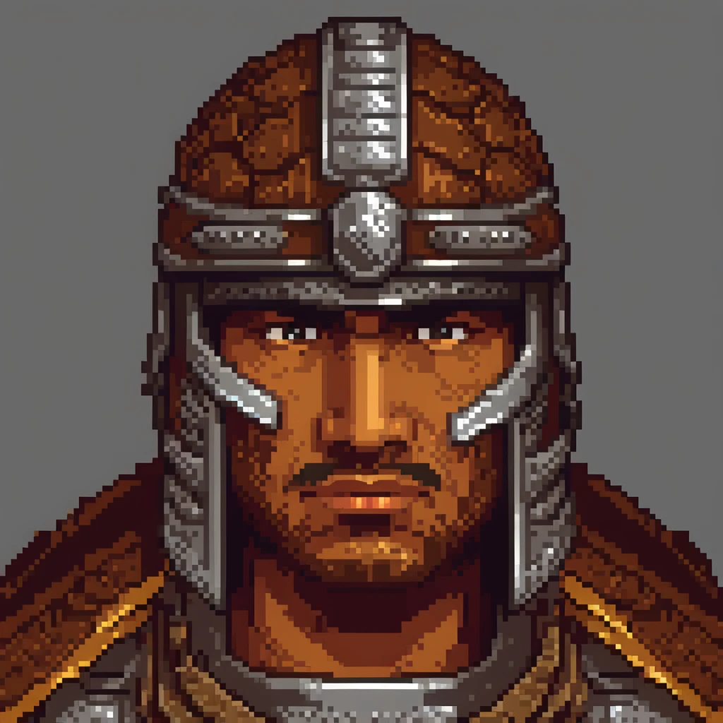 Pixel Art, Pixel art portrait of an ancient warrior, full armor, detailed pixel shading, emotive eyes, #realistic metallic textures, DSLR quality with a vintage pixelated feel, Nikon D, Wide angle lens HD 2D Pixel Art :: Pixel style :: Pixels