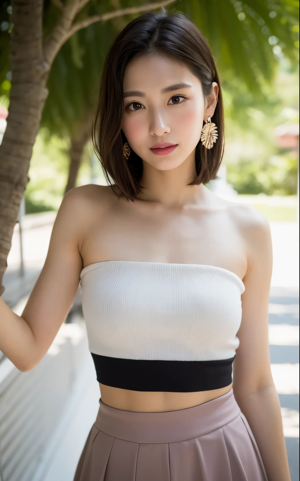 masterpiece, highest quality, alone, Beautiful like an actress、1 tropical asian girl,18 ~ Random age between 35 years、Random hairstyles for short hair or updo、 glowing skin, Larger earrings, glamorous, quirky details, attractive, bare shoulders, crop top, Tight Skirt, shallow depth of field, contrasting, professional model, facing the front,looking at the camera、 Overbyte、half open mouth、blush