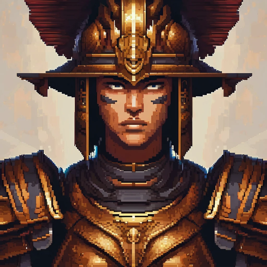 Pixel Art, Pixel art portrait of an ancient warrior, full armor, detailed pixel shading, emotive eyes, #realistic metallic textures, DSLR quality with a vintage pixelated feel, Nikon D, Wide angle lens HD 2D Pixel Art :: Pixel style :: Pixels