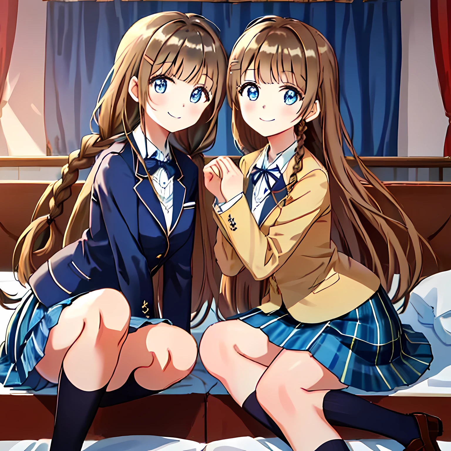 highest quality, (masterpiece:1.2), very detailed, A girl sitting on the bed looks at the viewer and smiles, Glossy lips that make you want to kiss, nice smile, ((Cute big blue eyes)), (((dark brown hair))), 15 years old, long braids, big shiny hair clip, school uniform, ((dark blue blazer)), ((School ribbon with a very large emphasized navy blue stripe on the chest)), very shiny hair、laughter、bright look、Both face and hair catch the light and shine, The corners of the eyes are drooping, Cute braids, The expression of a maiden in love, (((The girl has a twin braid hairstyle))), ((((dark blue & Deep navy tartan check middle long skirt)))), A gentle and cute expression staring at the viewer, double eyelid, The background is a cute girl&#39;my room, round face, the skirt is very cute, The ribbon is so cute, brown leather shoes, ((shot from the side))