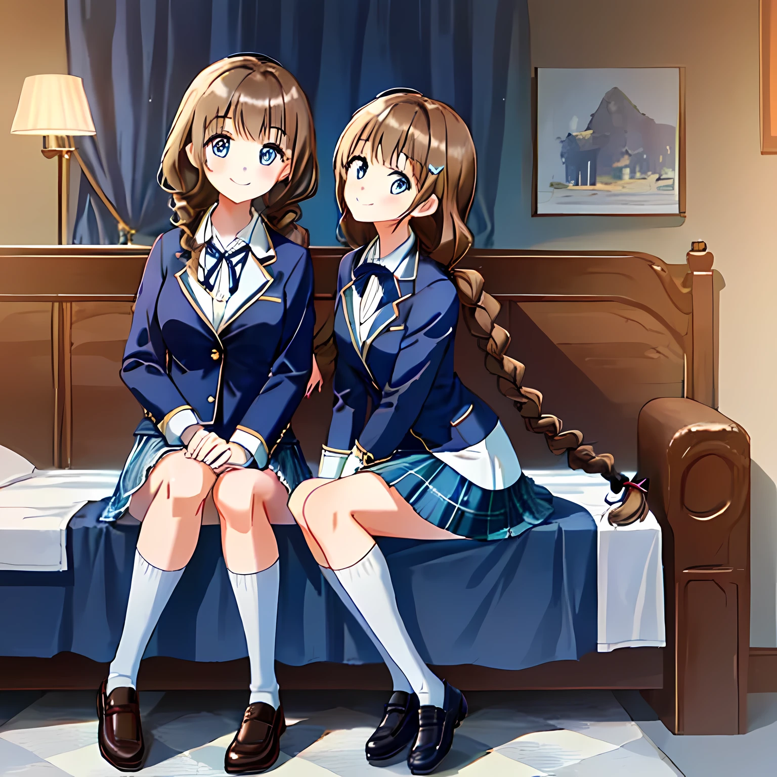 highest quality, (masterpiece:1.2), very detailed, A girl sitting on the bed looks at the viewer and smiles, Glossy lips that make you want to kiss, nice smile, ((Cute big blue eyes)), (((dark brown hair))), , long braids, big shiny hair clip, school uniform, ((dark blue blazer)), ((School ribbon with a very large emphasized navy blue stripe on the chest)), very shiny hair、laughter、bright look、Both face and hair catch the light and shine, The corners of the eyes are drooping, Cute braids, The expression of a maiden in love, (((The girl has a twin braid hairstyle))), ((((dark blue & Deep navy tartan check middle long skirt)))), A gentle and cute expression staring at the viewer, double eyelid, The background is a cute girl&#39;my room, round face, the skirt is very cute, The ribbon is so cute, brown leather shoes, ((shot from the side))