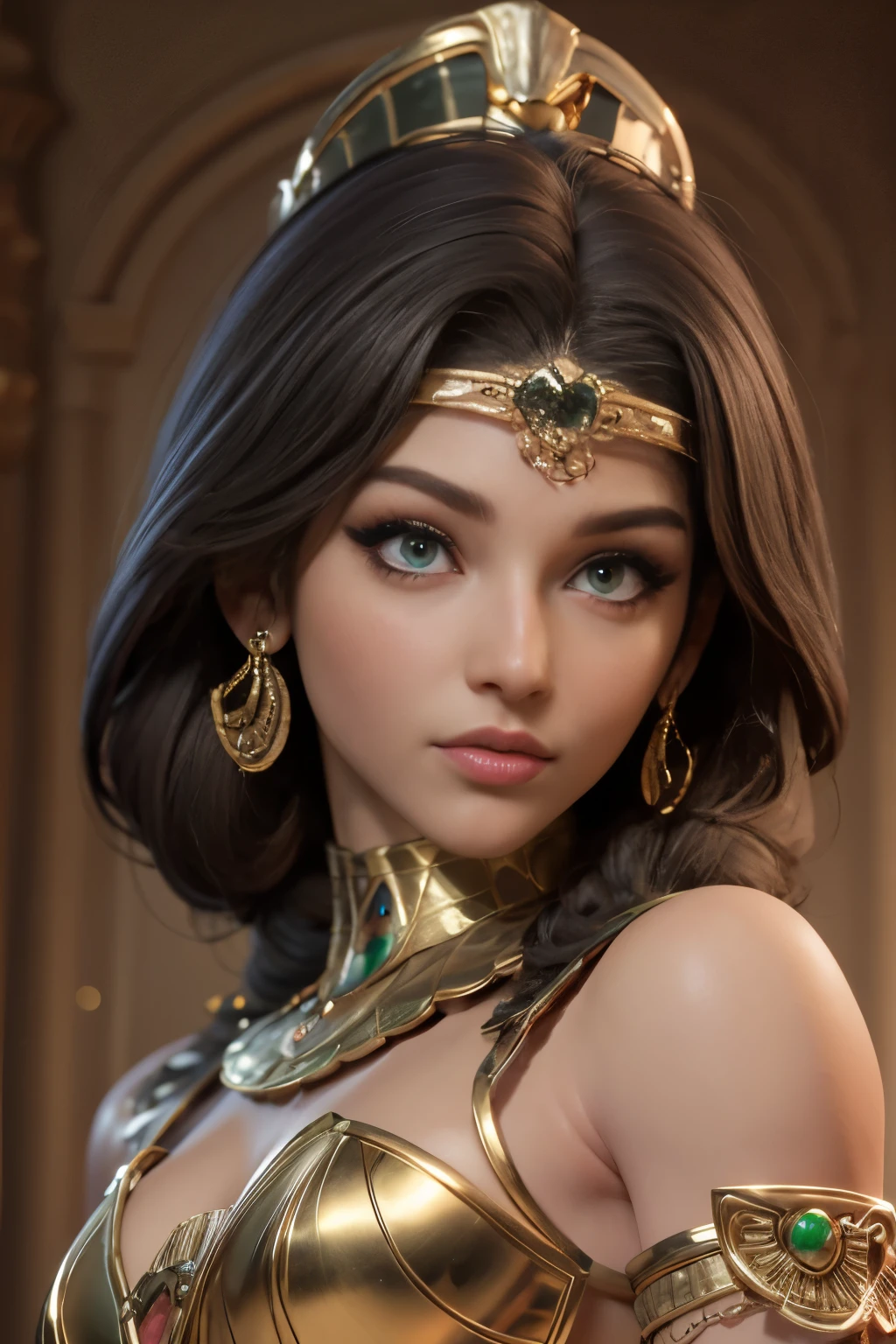 hyper realistic portrait shot of a beautiful egyptian queen, looking down proudly on the camera with her expressive green eyes, tanned skin tone , thin nose , black braided bob hair with golden accessories and jewelries , wearing a white see tough dress