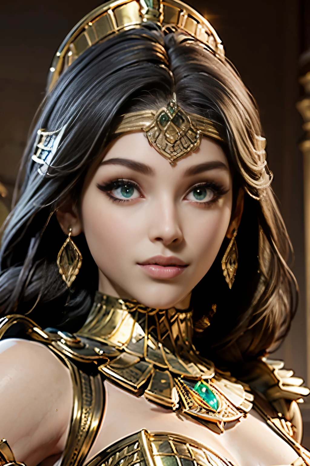 hyper realistic portrait shot of a beautiful egyptian queen, looking down proudly on the camera with her expressive green eyes, tanned skin tone , thin nose , black braided bob hair with golden accessories and jewelries , wearing a white see tough dress