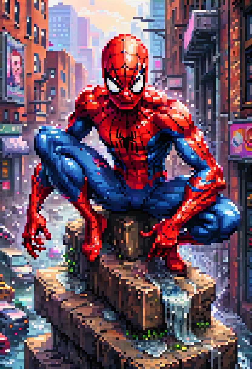 pixel art, "spiderman", fantasy, (best quality, masterpiece, Representative work, official art, Professional, high details, Ultra intricate detailed:1.3)