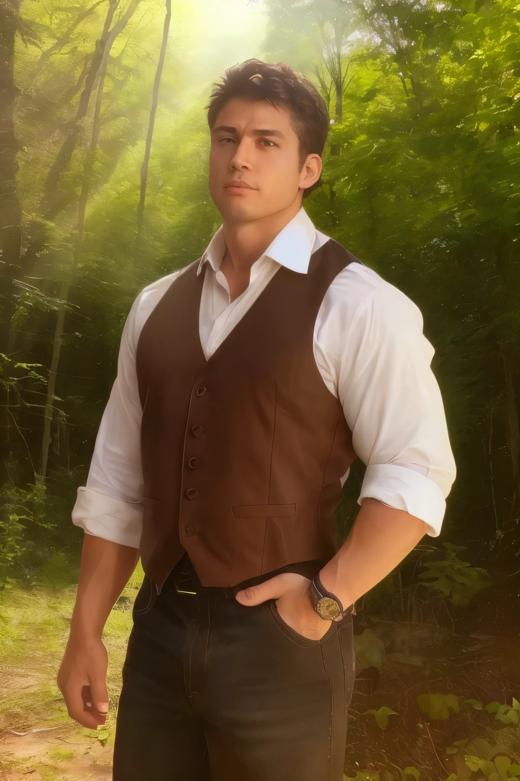 (8k, best quality, masterpiece:1.1), (realistic, photo-realistic:1.2), ultra-detailed, 1 man, Matthias Bruchhagen aus Altenkirchen, oiled up body, (outdoor:1.3), (rustic, wooded environment:1.3), standing in front of a foliage background, wearing a loose waistcoat, exposed chest covered in shining oil, (short brown hair:1.2), ruggedly handsome face, (strong jawline:1.4), intense gaze towards viewers, broad shoulders, muscular build, sweat dripping from his body, (reflected sunlight, shimmering: