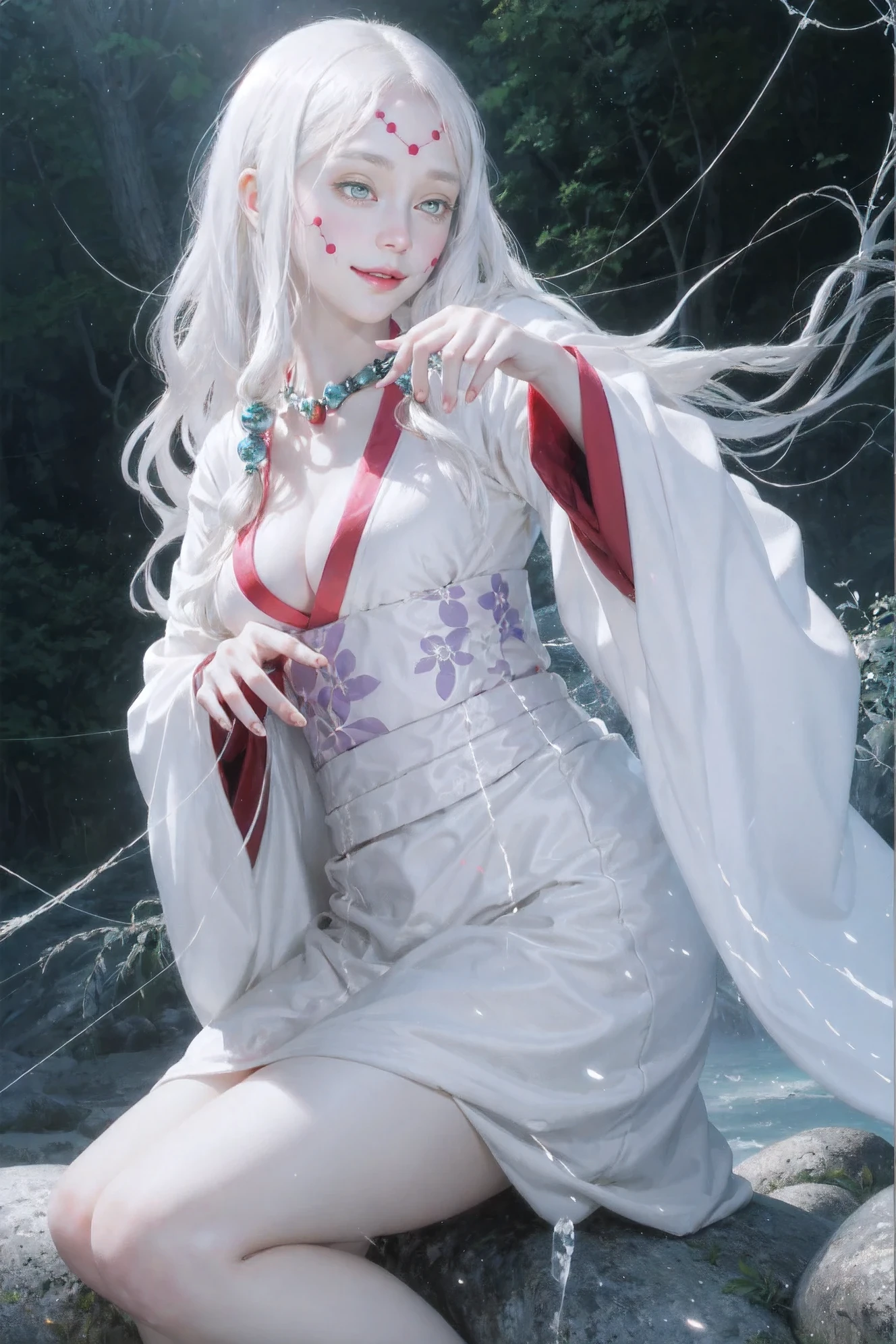 masterpiece, best quality, MTSpiderV4, 1girl, solo, white skin, long hair, breasts, beads, japanese clothes, ((white kimono)), silk, stone, forest, aurora borealis, spider web