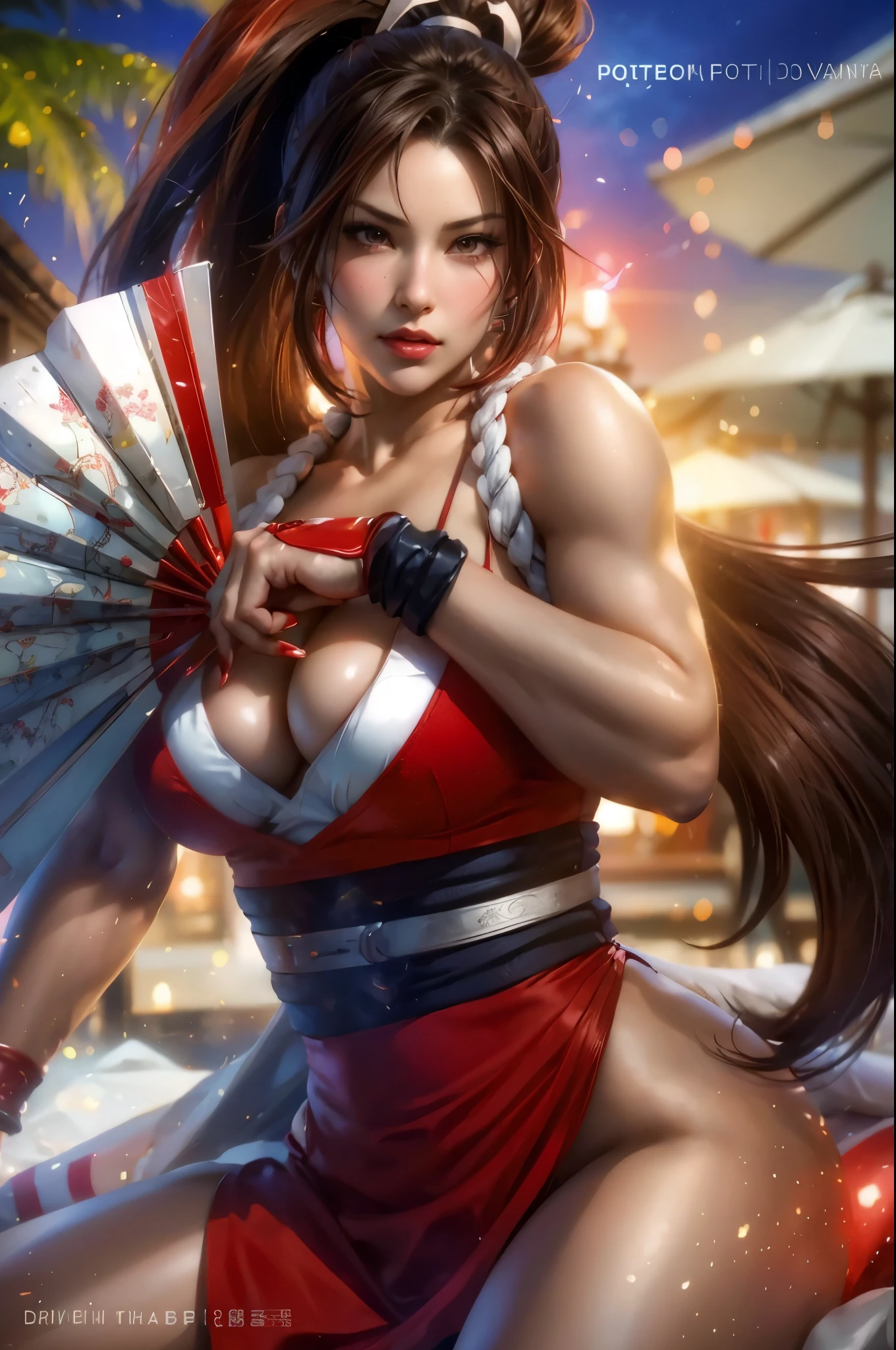 a woman in a red and white outfit holding a fan, mai shiranui, tifa, seductive tifa lockhart portrait, extremely detailed artgerm, portrait of tifa lockhart, tifa lockhart portrait, akali, artgerm detailed, ahri, tifa lockhart, artgerm. high detail, artgerm on artstation pixiv