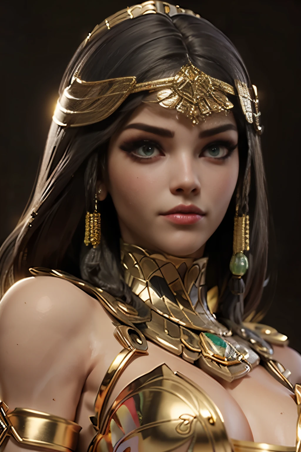 hyper realistic portrait shot of a beautiful egyptian queen, looking down proudly on the camera with her expressive green eyes, tanned skin tone , thin nose , black braided bob hair with golden accessories and jewelries , wearing a white see tough dress