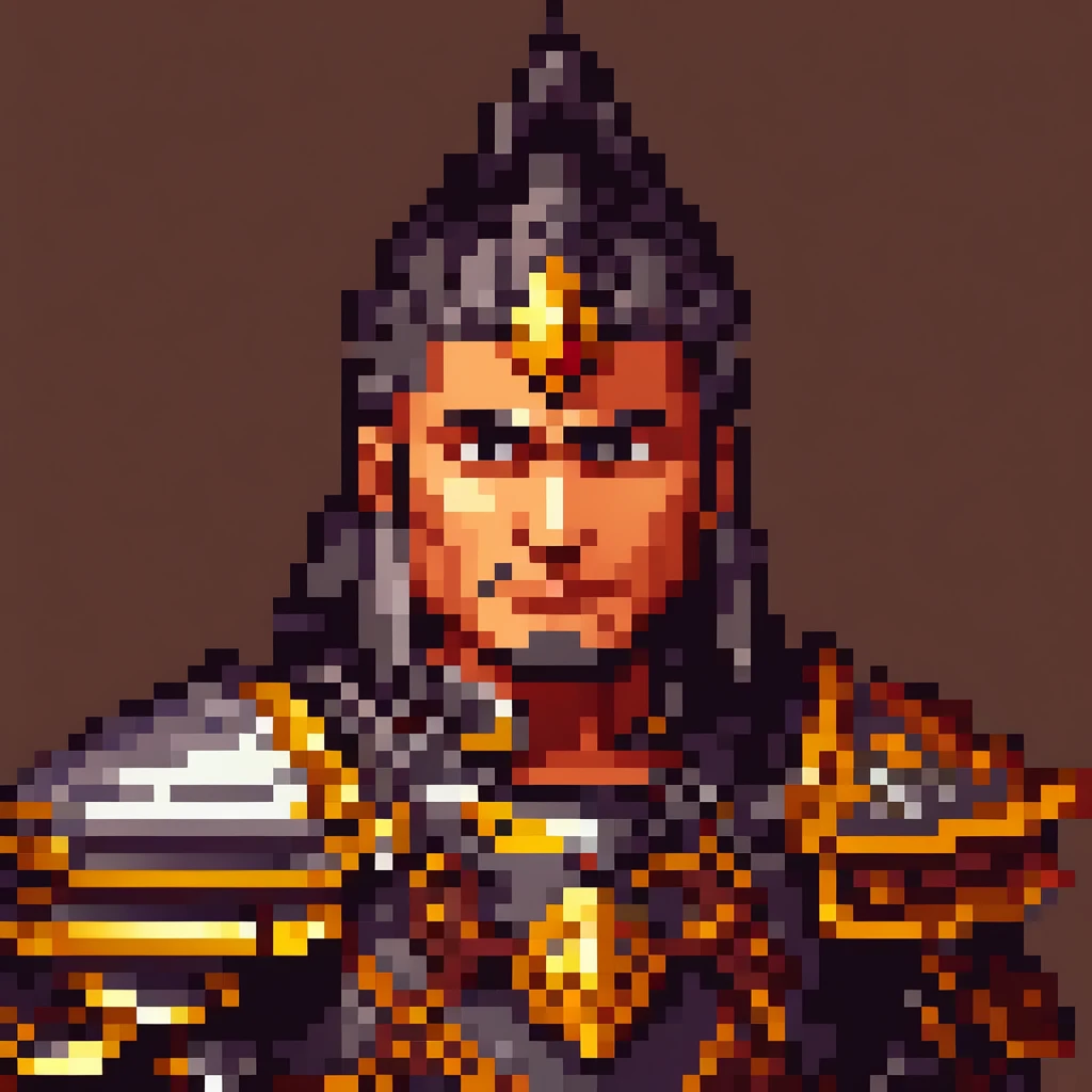 Pixel Art, Pixel art portrait of an ancient warrior, full armor, detailed pixel shading, emotive eyes, #realistic metallic textures, DSLR quality with a vintage pixelated feel, Nikon D, Wide angle lens HD 2D Pixel Art :: Pixel style :: Pixels