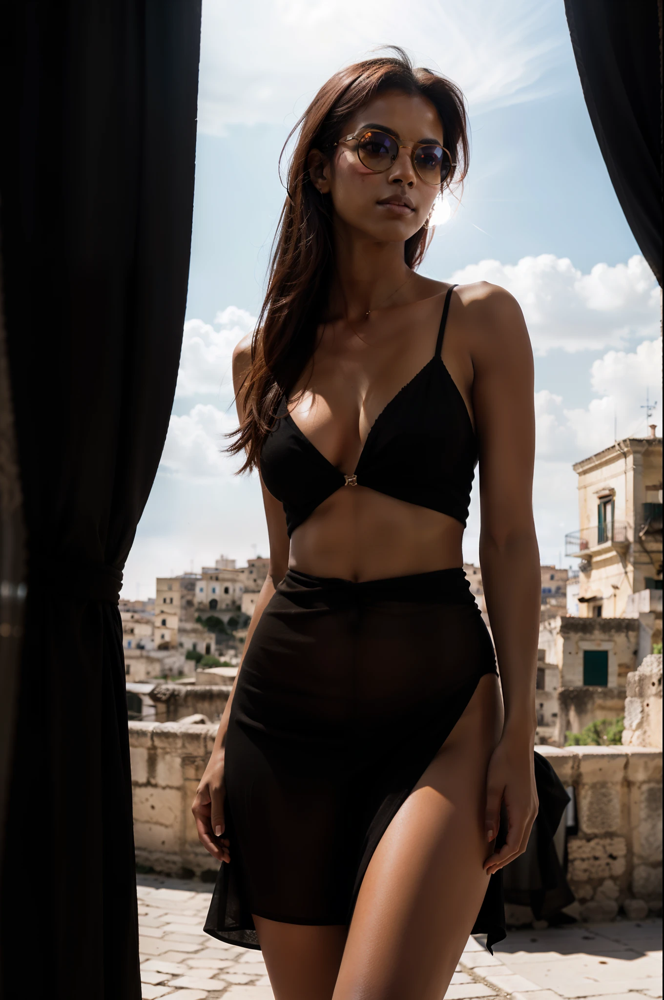 Ultra-realistic, full body shot, bare feet, loose red hair in the wind, raw photo reveals a masterful full-body shot of an ethnic woman wearing sun-glasses. ((Dark African skin, Very deep ebony skin)), Her tiny bosom is tastefully concealed by a white torn laced dress, which accentuates her waistline. The highest resolution captures every detail of her glamourously curved, massively wide trapezoidal hips, adding to the allure of the photorealistic image in the realm of editorial photography. ((([in city of Matera]))), Atmospheric light refraction，Photo by Lee Jeffries，Nikon D850 Film Stock Photo 4 Kodak Portra 400 Camera F1.6 shots，rich colours，hyper realistic lifelike texture，dramatic lighting，unreal engine trending on artstation cinestill 800, (YES NSFW), low angle