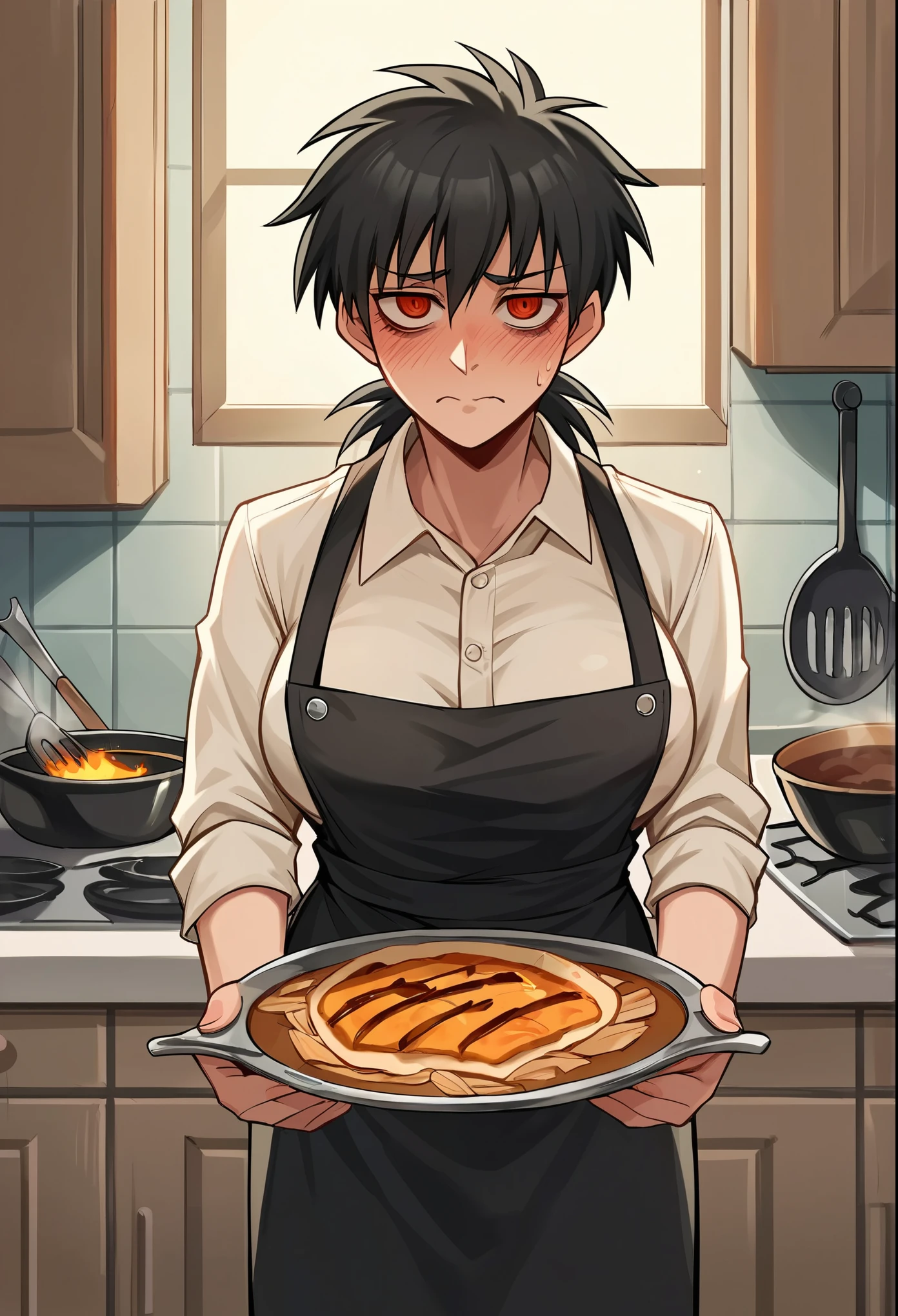 score_9, score_8_up, score_7_up, source_anime, 1girl, solo, boob window, cow pattern crop top, no bra, big tits, standing, holding a tray of burned food, gown, cooking, kitchen, hellsing, seras victoria, front view, looking at viewer, embarrassed, shy, burnt food, charred burnt food, charcoal burned food, ginger hair