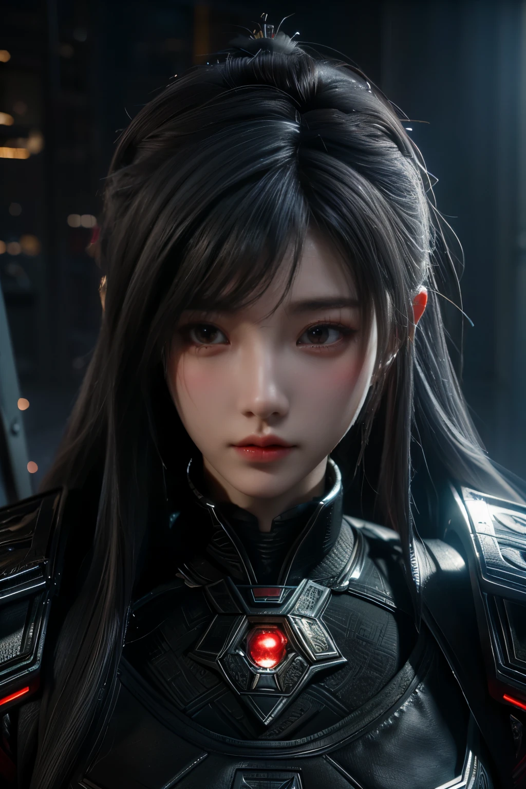 Masterpiece,Game art,The best picture quality,Highest resolution,8K,(Portrait),Unreal Engine 5 rendering works,(Digital Photography),((Portrait Feature:1.5)),
20 year old girl,Short hair details,With long bangs,(The red eye makeup is very meticulous),(With long gray hair:1.4),(Large, full breasts),Elegant and noble,Brave and charming,
(Future armor combined with the characteristics of ancient Chinese armor,Hollow design,Power Armor,The mysterious Eastern runes,A delicate dress pattern,A flash of magic),Warrior of the future,Cyberpunk figures,Background of war,
Movie lights,Ray tracing,Game CG,((3D Unreal Engine)),OC rendering reflection pattern
