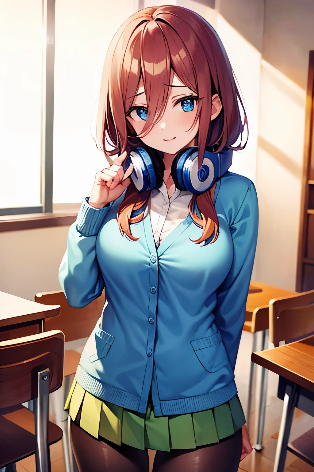 mikunakano, miku nakano, long hair, bangs, blue eyes, brown hair, shirt, hair between eyes, headphones, cardigan, headphones around neck,
BREAK skirt, shirt, long sleeves, white shirt, pantyhose, pleated skirt, black pantyhose, cardigan, green skirt, blue cardigan,
BREAK indoors, classroom,
BREAK looking at viewer, BREAK (masterpiece:1.2), best quality, high resolution, unity 8k wallpaper, (illustration:0.8), (beautiful detailed eyes:1.6), extremely detailed face, perfect lighting, extremely detailed CG, (perfect hands, perfect anatomy),