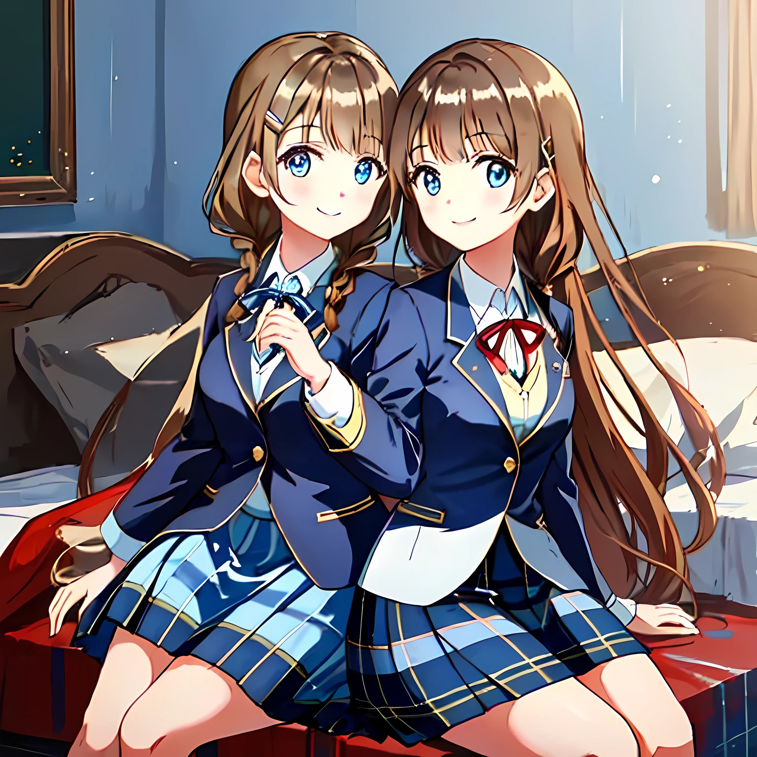 highest quality, (masterpiece:1.2), very detailed, A girl sitting on the bed looks at the viewer and smiles, Glossy lips that make you want to kiss, nice smile, ((Cute big blue eyes)), (((dark brown hair))), 15 years old,  big shiny hair clip, school uniform, ((dark blue blazer)), ((very big blue school ribbon)), very shiny hair、laughter、bright look、Both face and hair catch the light and shine, The corners of the eyes are drooping, The expression of a maiden in love, (((twin braid hairstyle))), ((((dark blue & Deep navy tartan check middle long skirt)))), A gentle and cute expression staring at the viewer, double eyelid, The background is a cute girl&#39;my room, round face, the skirt is very cute, The ribbon is so cute, brown leather shoes, ((shot from the side))