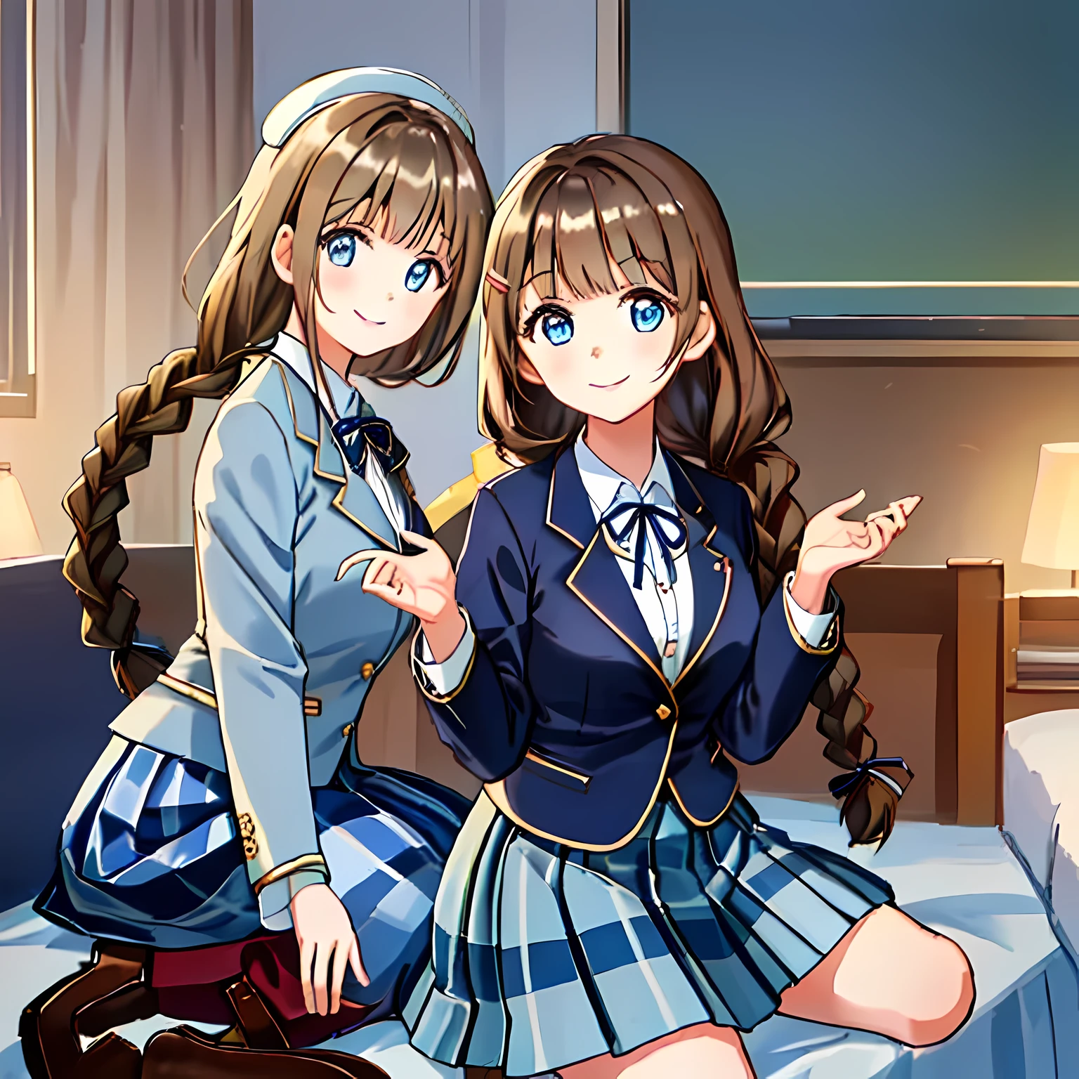 highest quality, (masterpiece:1.2), very detailed, A girl sitting on the bed looks at the viewer and smiles, Glossy lips that make you want to kiss, nice smile, ((Cute big blue eyes)), (((dark brown hair))), 15 years old,  big shiny hair clip, school uniform, ((dark blue blazer)), ((very big blue school ribbon)), very shiny hair、laughter、bright look、Both face and hair catch the light and shine, The corners of the eyes are drooping, The expression of a maiden in love, (((twin braid hairstyle))), ((((dark blue & Deep navy tartan check middle long skirt)))), A gentle and cute expression staring at the viewer, double eyelid, The background is a cute girl&#39;my room, round face, the skirt is very cute, The ribbon is so cute, brown leather shoes, ((shot from the side))