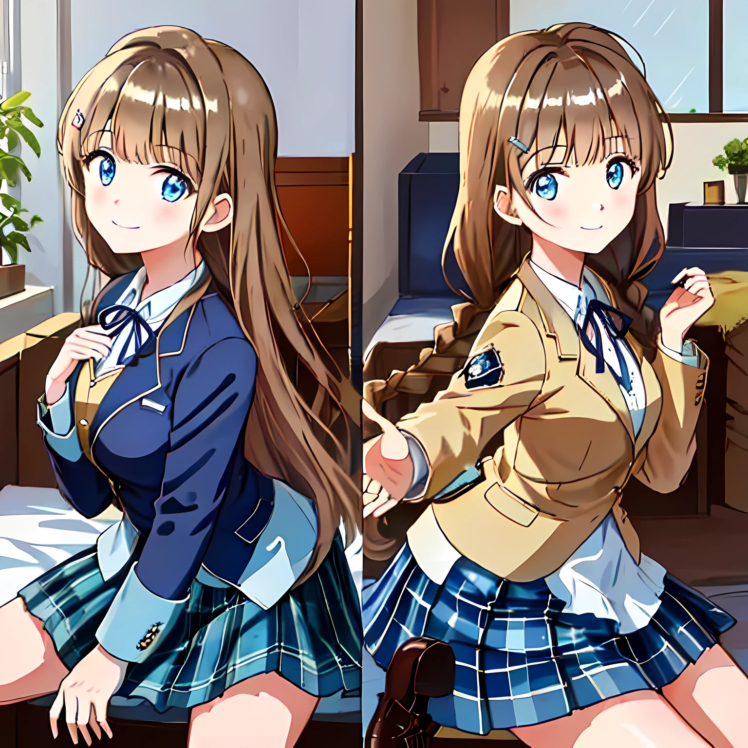 highest quality, (masterpiece:1.2), very detailed, A girl sitting on the bed looks at the viewer and smiles, Glossy lips that make you want to kiss, nice smile, ((Cute big blue eyes)), (((dark brown hair))), ,  big shiny hair clip, school uniform, ((dark blue blazer)), ((very big blue school ribbon)), very shiny hair、laughter、bright look、Both face and hair catch the light and shine, The corners of the eyes are drooping, The expression of a maiden in love, (((twin braid hairstyle))), ((((dark blue & Deep navy tartan check middle long skirt)))), A gentle and cute expression staring at the viewer, double eyelid, The background is a cute girl&#39;my room, round face, the skirt is very cute, The ribbon is so cute, brown leather shoes, ((shot from the side))