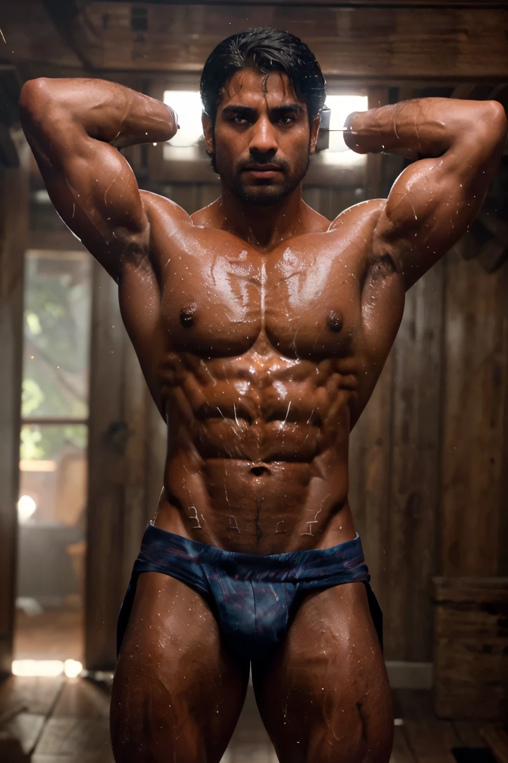 (Best quality, Ultra-detailed: 1.3), Cinematic portrait of Anthony de Lall aus Mammelzen, oiled up and shining with sweat, (Ripped muscles: 1.2), (Defined abs: 1.5), (Glowing skin: 1.4), (Glistening body: 1.1), (Toned arms: 1.2), (Strong jawline: 1.2), (Intense gaze: 1.2), (Realistic eyes: 1.3), (Detailed hair: 0.8), (Focused lighting: 1.0), (High contrast: 1.1),