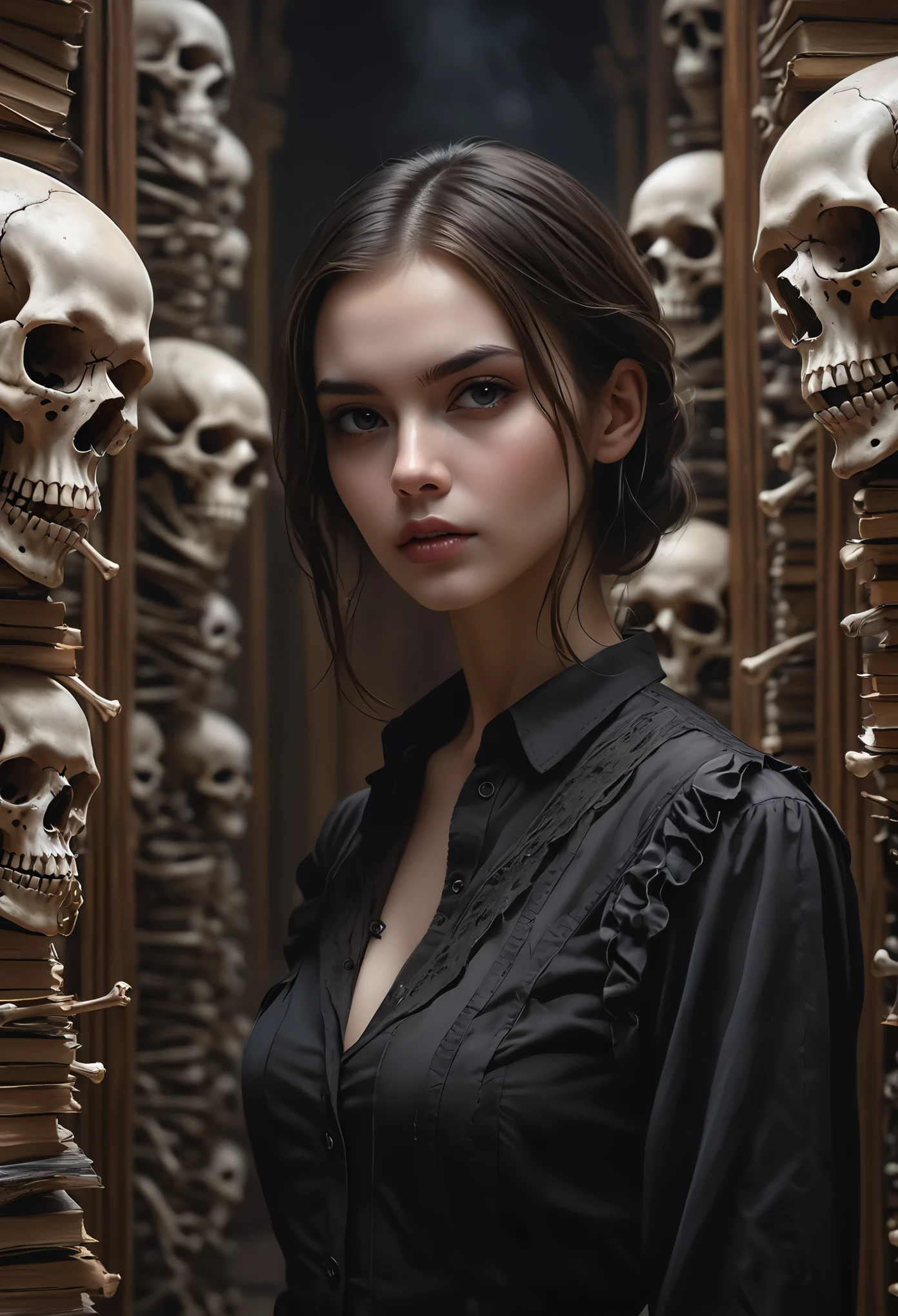 (best quality,4k,8k,highres,masterpiece:1.2),ultra-detailed,(realistic,photorealistic,photo-realistic:1.37),horror,concept artists,portrait,detailed spooky background,stacks of bone wands,sinister atmosphere,girl with detailed facial features,strong perspective,turning towards the camera,frame composition