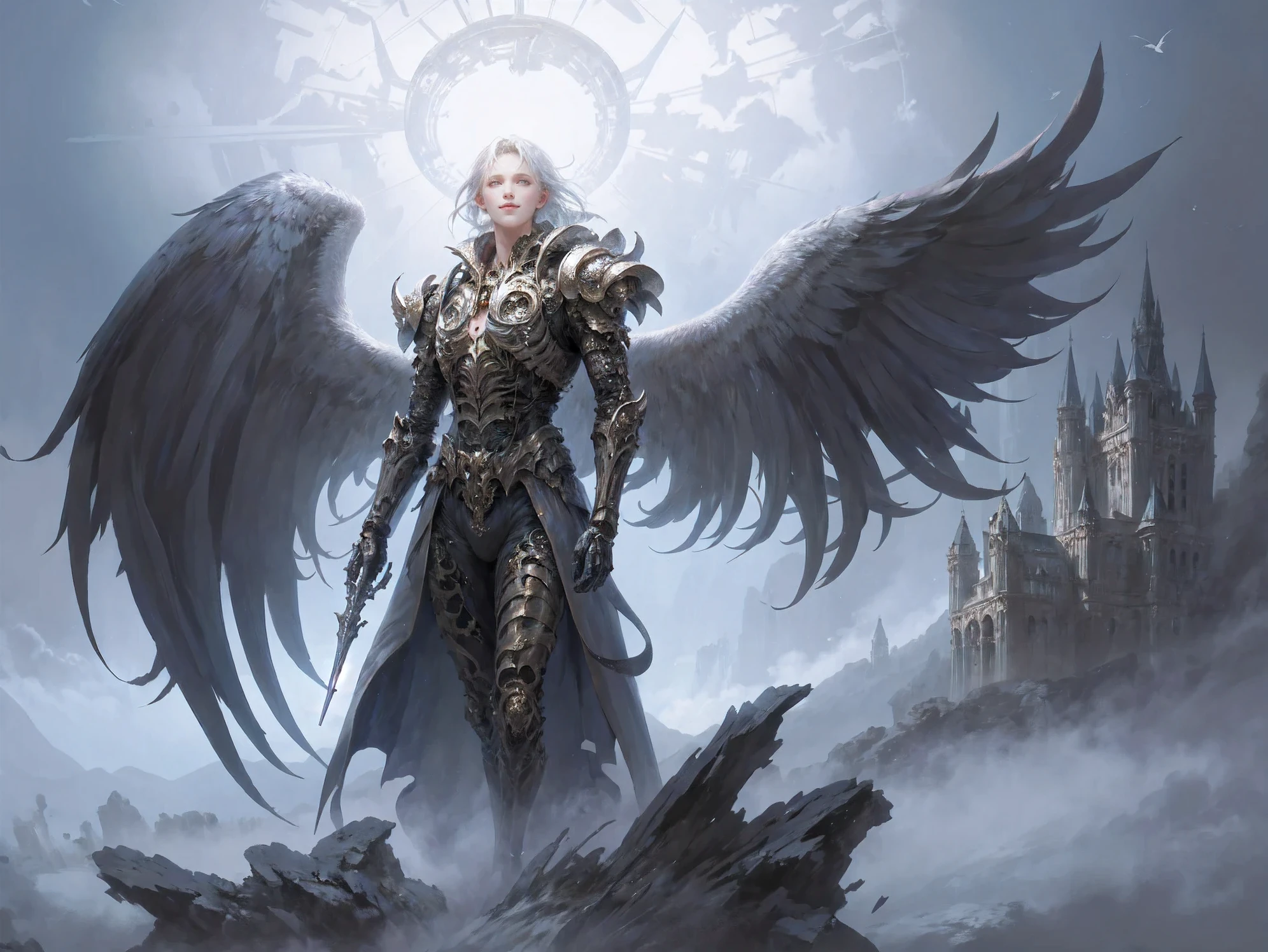 (best quality,highres),bird,standing,beautiful detailed wings,outdoors, colorful flowers, peaceful scenery, mysterious skeleton silhouette, ancient castle building, misty fog, multiple other creatures in the background, glowing skull.