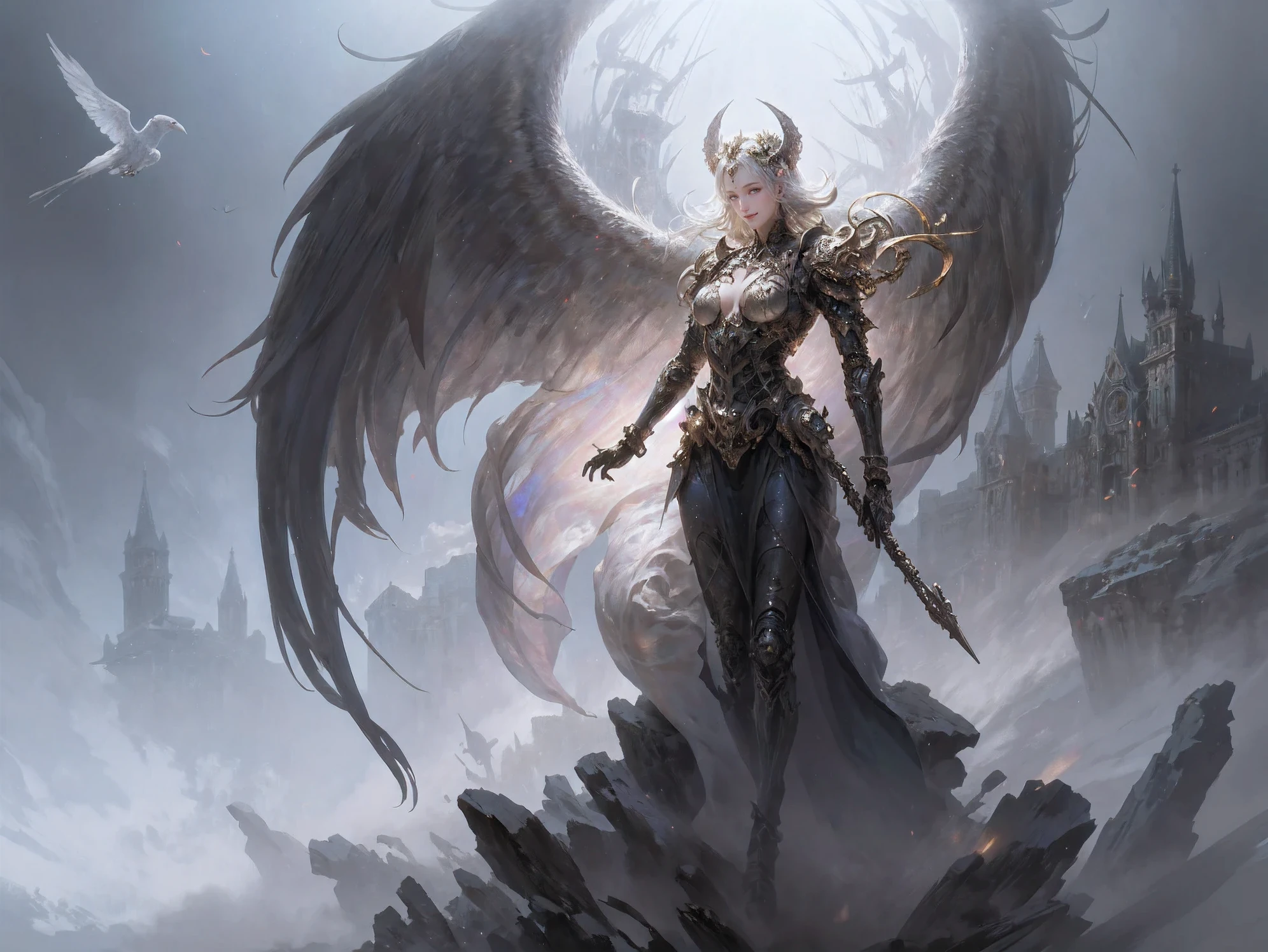 (best quality,highres),bird,standing,beautiful detailed wings,outdoors, colorful flowers, peaceful scenery, mysterious skeleton silhouette, ancient castle building, misty fog, multiple other creatures in the background, glowing skull.