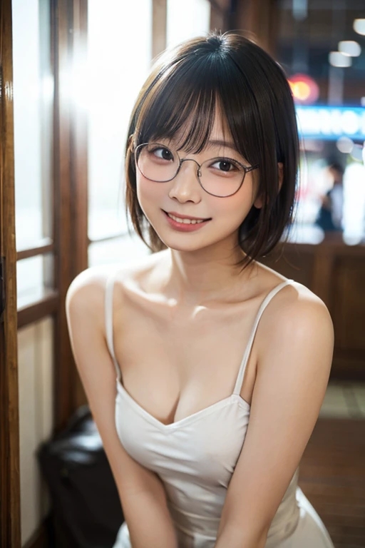 Japanese girl wearing casual clothes at the shopping mall, looking at the viewer, posing with a smile (highest quality, masterpiece))), High resolution, very detailed, masterpiece, cinematic lighting, (8K, highest quality, masterpiece: 1.2), (realistic, photorealistic: 1.37) high resolution, Super detailed, 1 girl, woman with glasses, thin frame round glasses, light colored glasses frames, Asian, cute, cute face, alone, short hair 1.2, rough skin, beautiful smile, beautiful detailed sky, Detailed cafe, night, movie lighting, Depth of the bounds written, lens flare light, sitting, date, (blush), (smile: 1.15), big chest、closed state), Beautiful eyes in every detail, (short hair: 1.2), floating hair nova frog style,naked