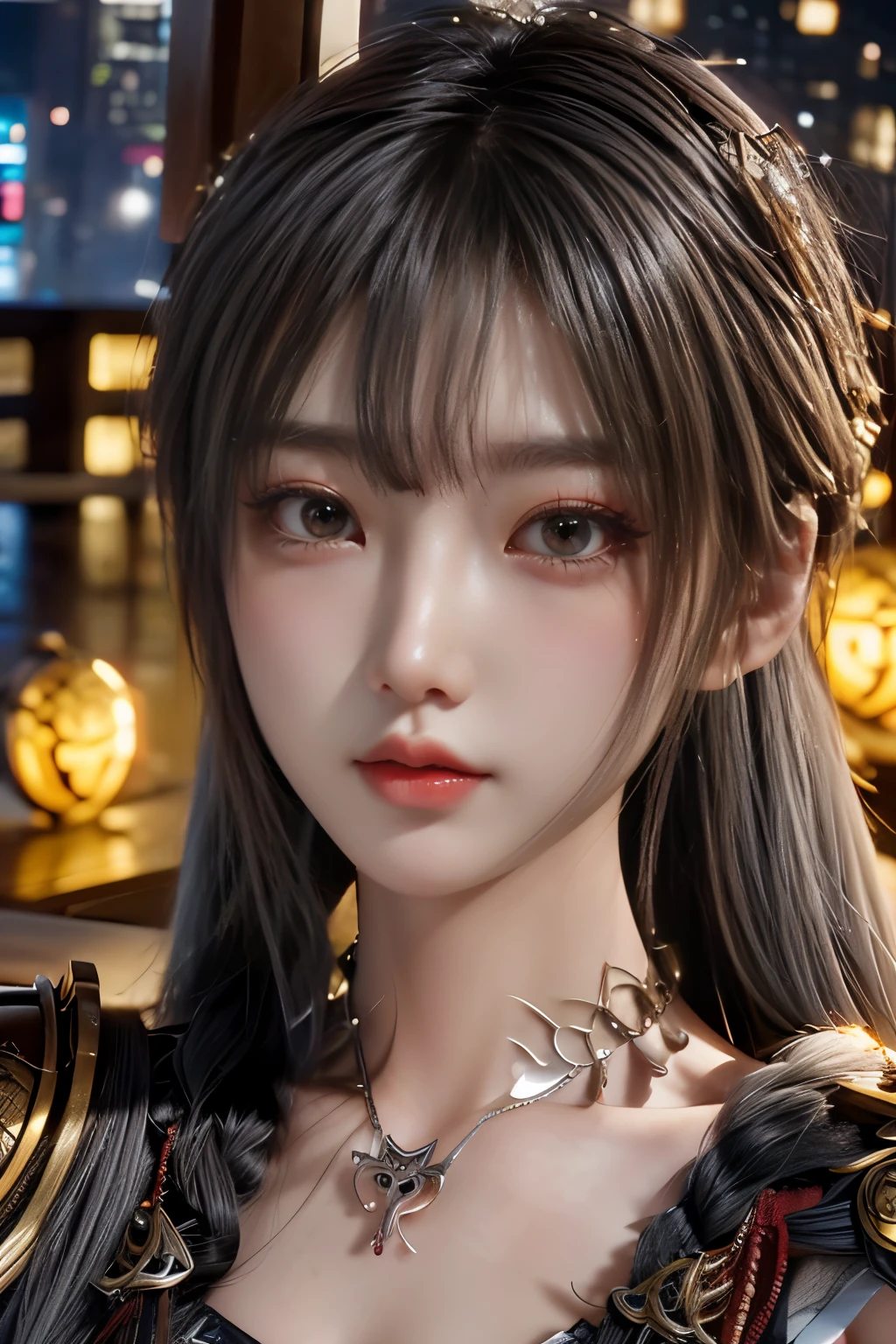 Masterpiece,Game art,The best picture quality,Highest resolution,8K,(Portrait),Unreal Engine 5 rendering works,(Digital Photography),((Portrait Feature:1.5)),
20 year old girl,Short hair details,With long bangs,(The red eye makeup is very meticulous),(With long gray hair:1.4),(Large, full breasts),Elegant and noble,Brave and charming,
(Future armor combined with the characteristics of ancient Chinese armor,Hollow design,Power Armor,The mysterious Eastern runes,A delicate dress pattern,A flash of magic),Warrior of the future,Cyberpunk figures,Background of war,
Movie lights，Ray tracing，Game CG，((3D Unreal Engine))，OC rendering reflection pattern