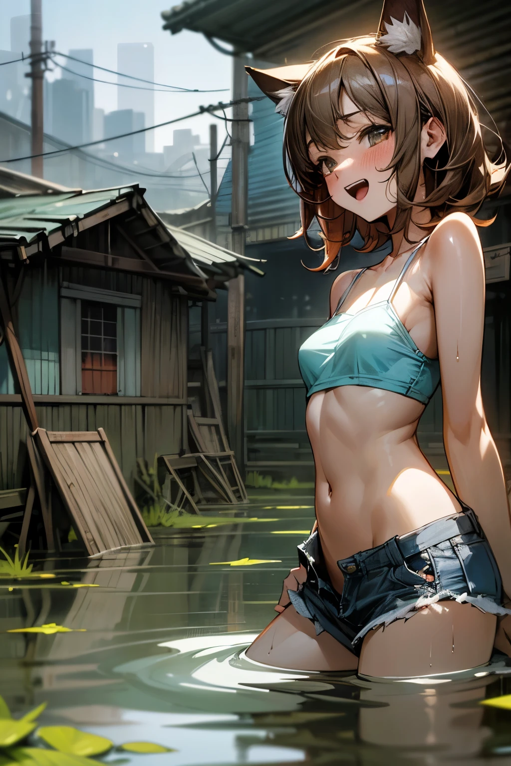 ((Masterpiece)), (Anime:1.3), ((best quality)), (RAW photo:1.2), (Professional Photography:1.3), (High Definition), (), 8K, cinematic lighting, unruly hair, medium hair, (exposed small breast), badly pantie, (dirty loose white camisole), Slender small breasts, (sexy pose), laughing, (open mouth), Textured skin, cat ears, pale brown hair, Cute Beautiful girl, BREAK, ((best quality)), after rain, (lying at the quagmire swamp), slum townscape,