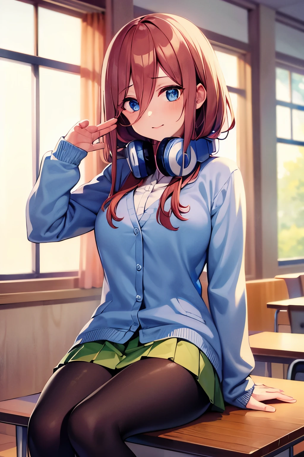 mikunakano, miku nakano, long hair, bangs, blue eyes, brown hair, shirt, hair between eyes, headphones, cardigan, headphones around neck,
BREAK skirt, shirt, long sleeves, white shirt, pantyhose, pleated skirt, black pantyhose, cardigan, green skirt, blue cardigan,
BREAK indoors, classroom,
BREAK looking at viewer, BREAK (masterpiece:1.2), best quality, high resolution, unity 8k wallpaper, (illustration:0.8), (beautiful detailed eyes:1.6), extremely detailed face, perfect lighting, extremely detailed CG, (perfect hands, perfect anatomy),