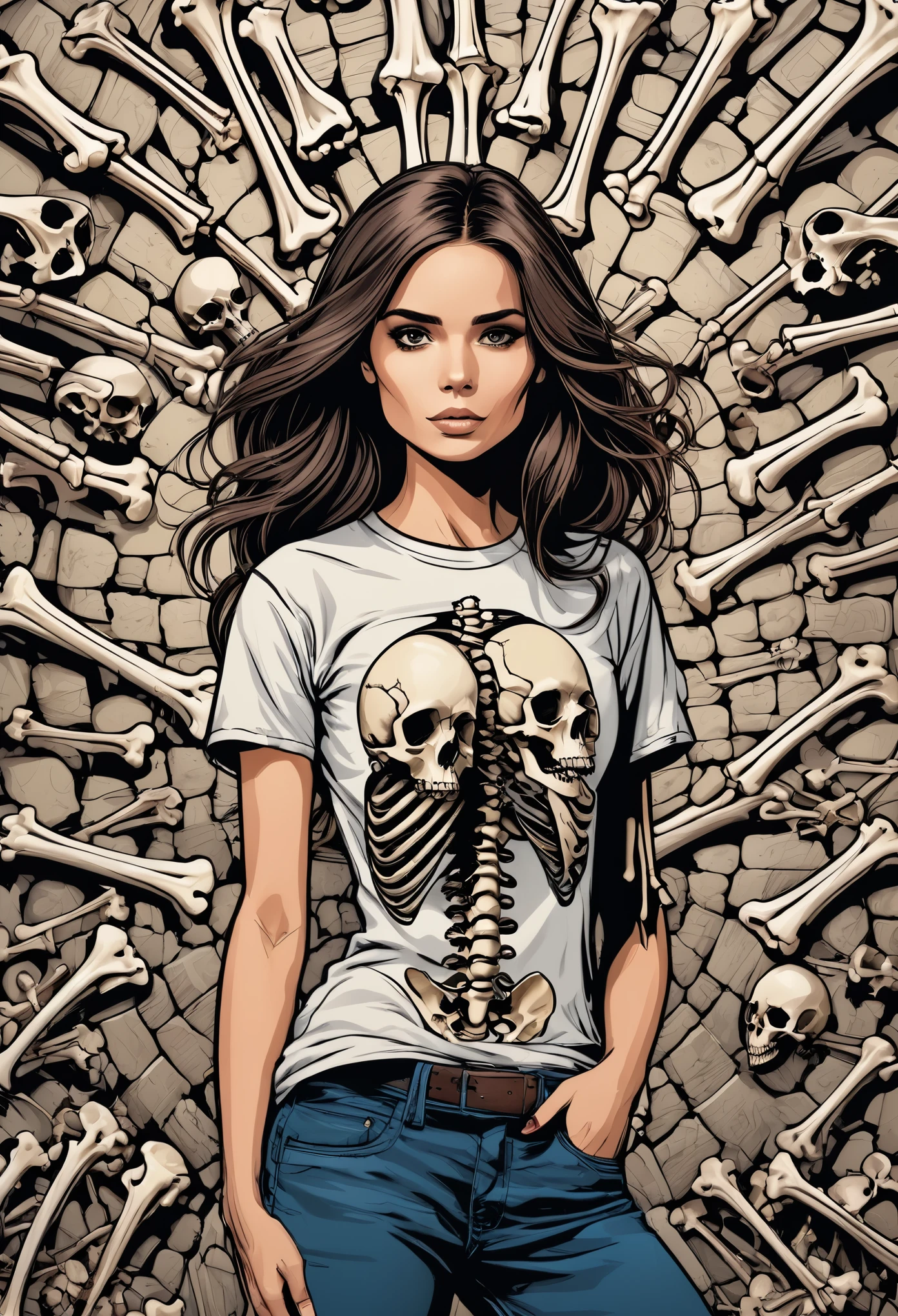 Professional t-shirt design vector, truly impressive, 8k, ultra high definition,(A bone wall composed of forearm bones:2)Folds into horror fantasy background,Circular composition,The subject is a girl in front of the background,View from the side