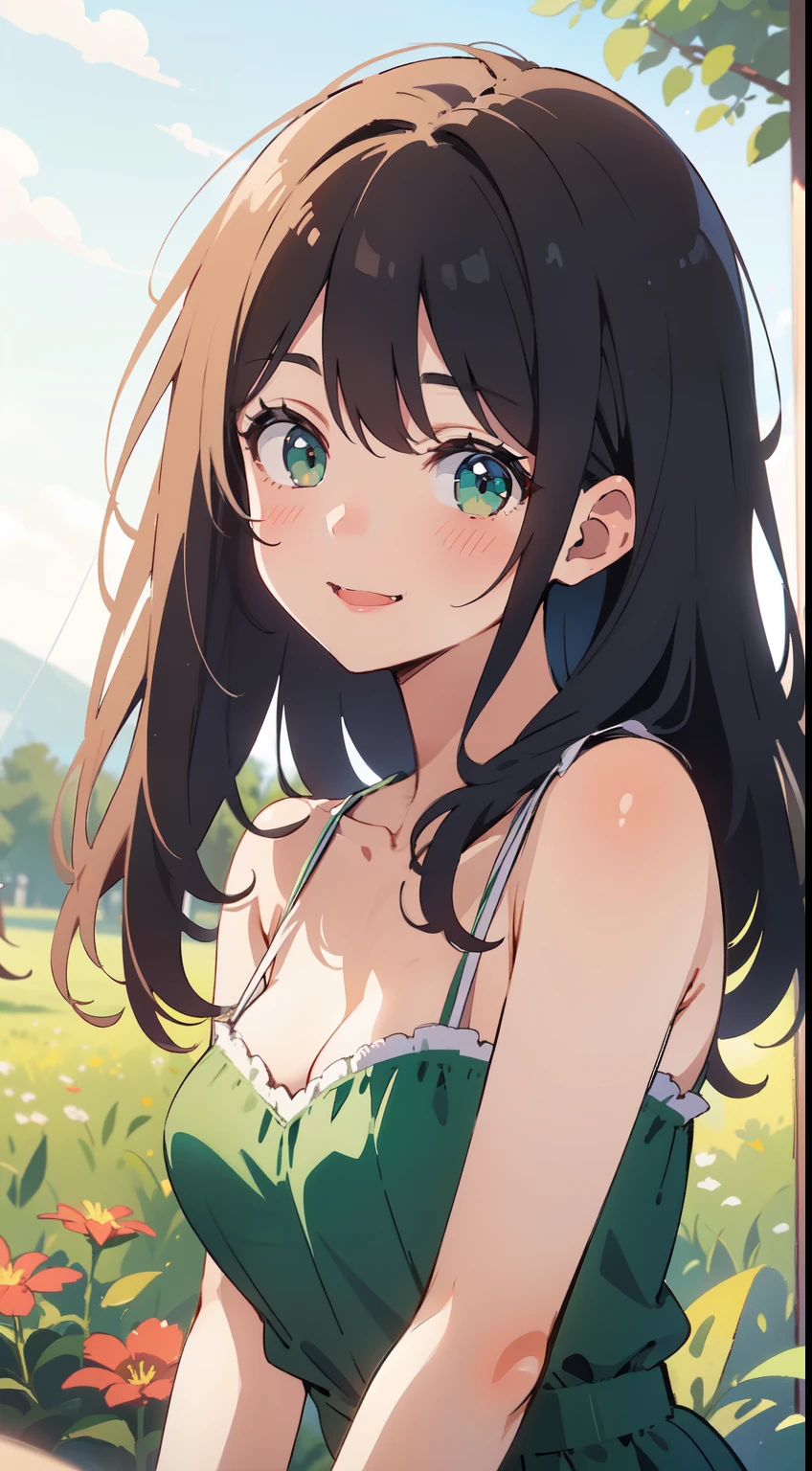 (masterpiece), (best quality), ultra high res, sharp focus, warm pastel tone, ((1 mature woman, solo)), upper body, medium long shot, MLS, beautiful detailed hair, chestnut brown hair, messy long hair, beautiful detailed face, ((beautiful shapes of eyes, green eyes)), perfect feminine face, happy face, smiles, look at the viewer,feminine light dress, in the beautiful morning, sitting on ground of the beautiful flowers meadow